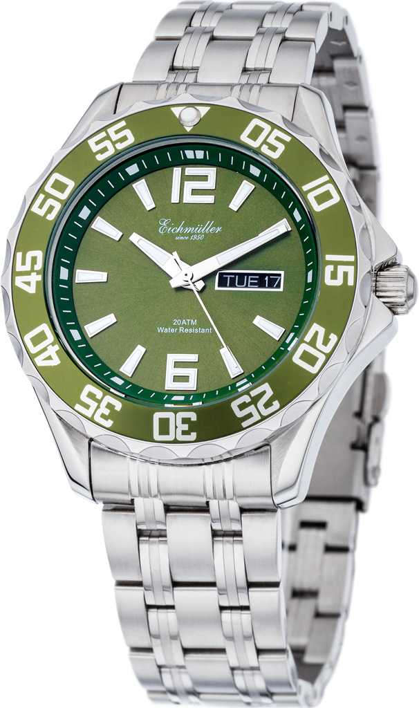 Eichmüller Taucheruhr 3480-04 - 20 ATM - Edelstahlband silberfarben grün 41 mm