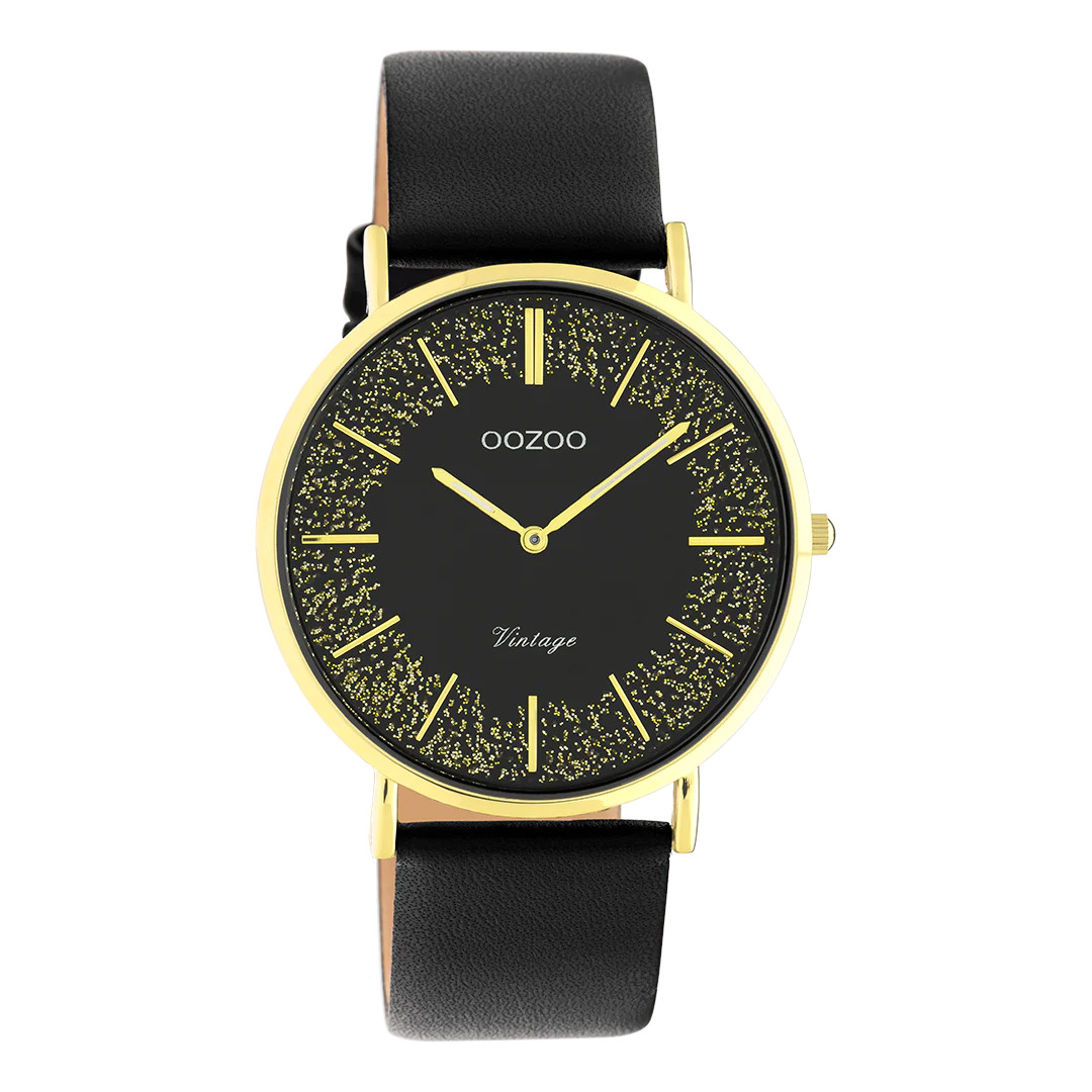 Oozoo Vintage Damenuhr C20185 IP-Gold Glitzer Lederband Schwarz 40 mm