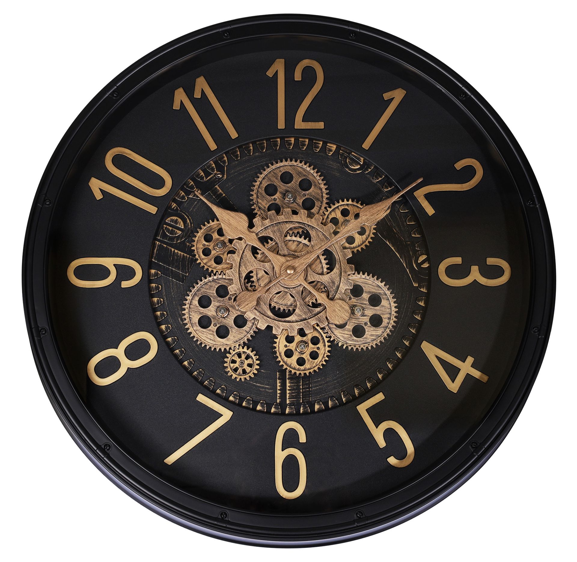 Hermann Jäckle Skelett Wanduhr 3099E – Industrial Vintage Schwarz Gold mit Räderwerk 50,5 cm