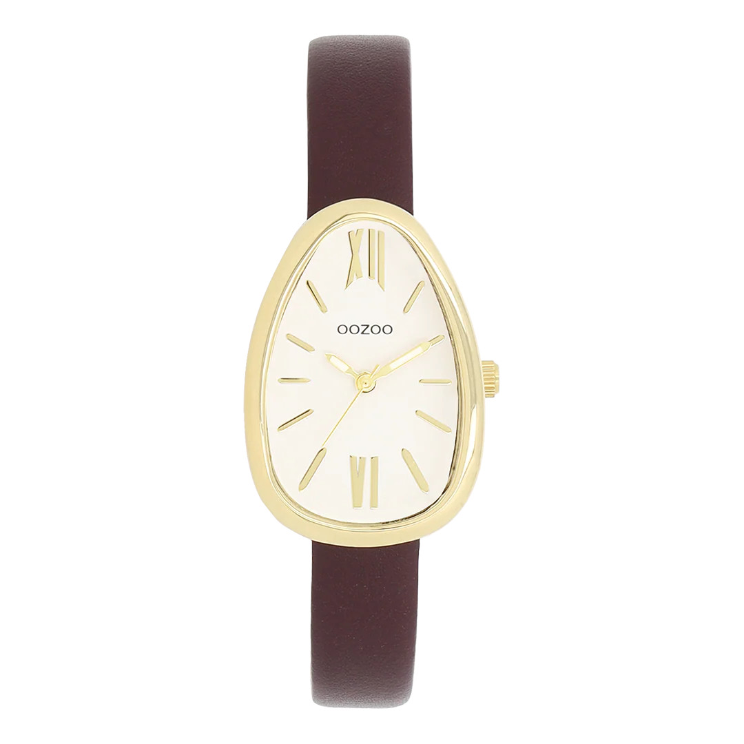 Oozoo Damenuhr C11635 IP-Gold Weiß Lederband Feigenrot 22x31 mm