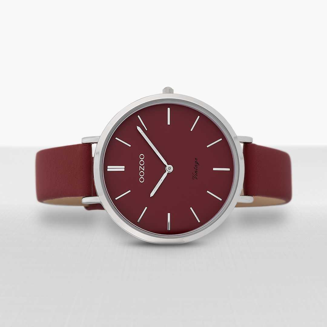 Oozoo Vintage Damenuhr C9807 silberfarben bordeaux Lederband 40 mm Seitenansicht