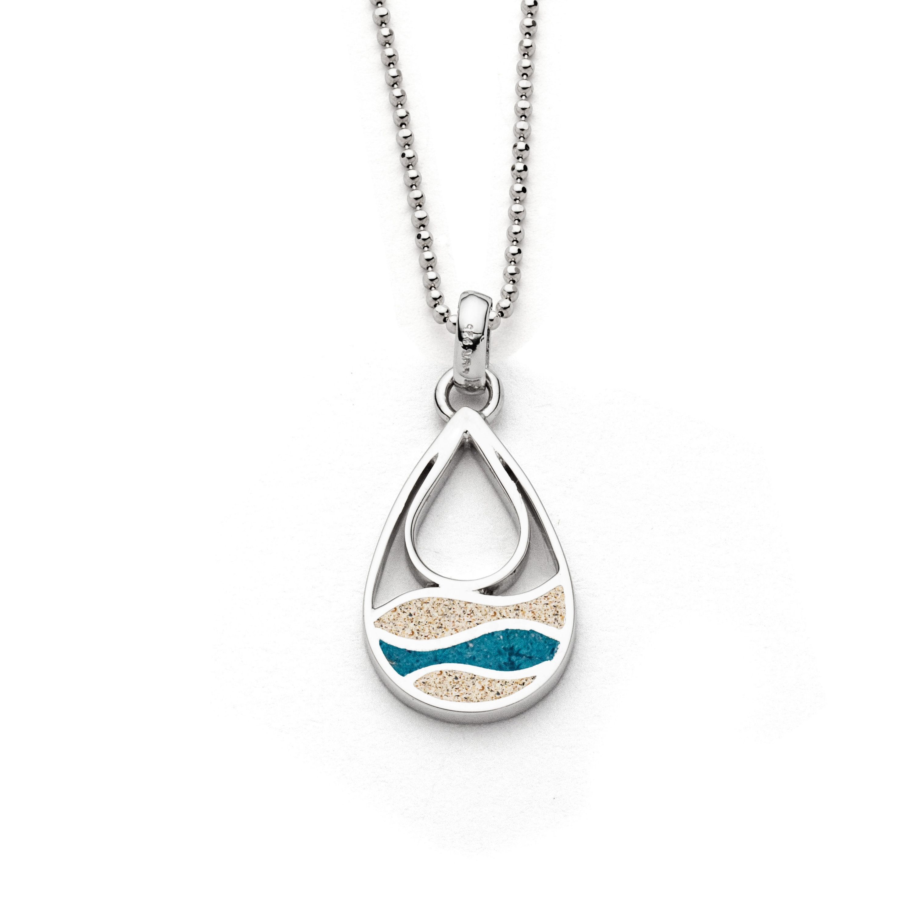 DUR Halskette K3043 „Strandwellen“ Drop – 925 Silber mit Strandsand & blauem Steinsand