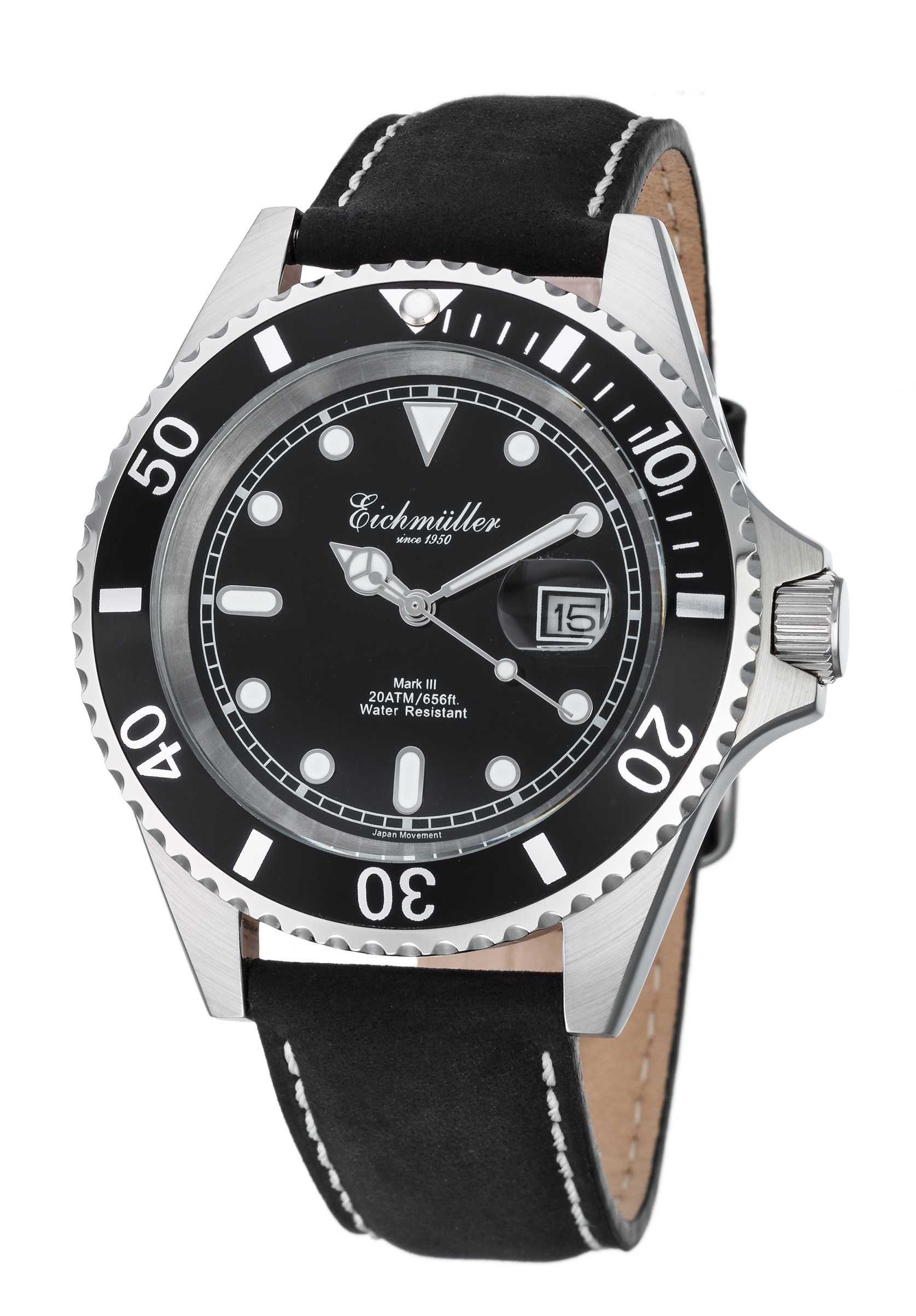 Eichmüller Taucheruhr 3462-01 Lederband 20 ATM schwarz 43 mm | B-Ware