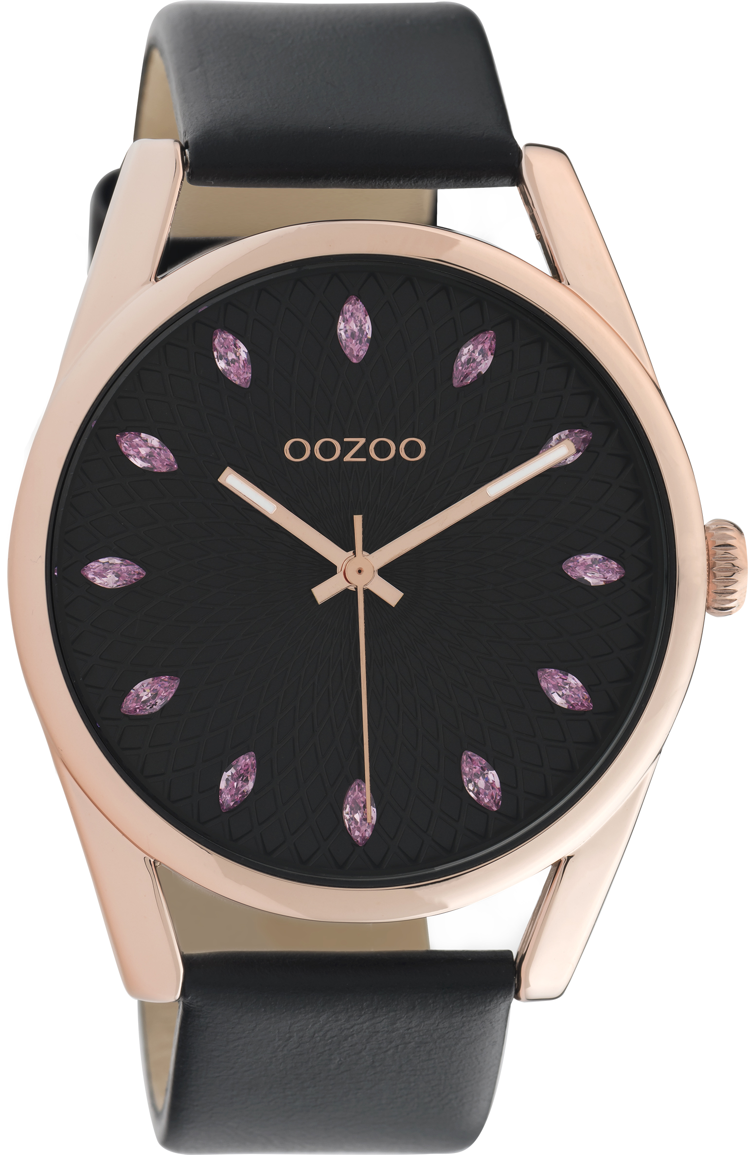 Oozoo Damenuhr C10819 Rosé Cubic Zirkonia Lederband Schwarz 42 mm