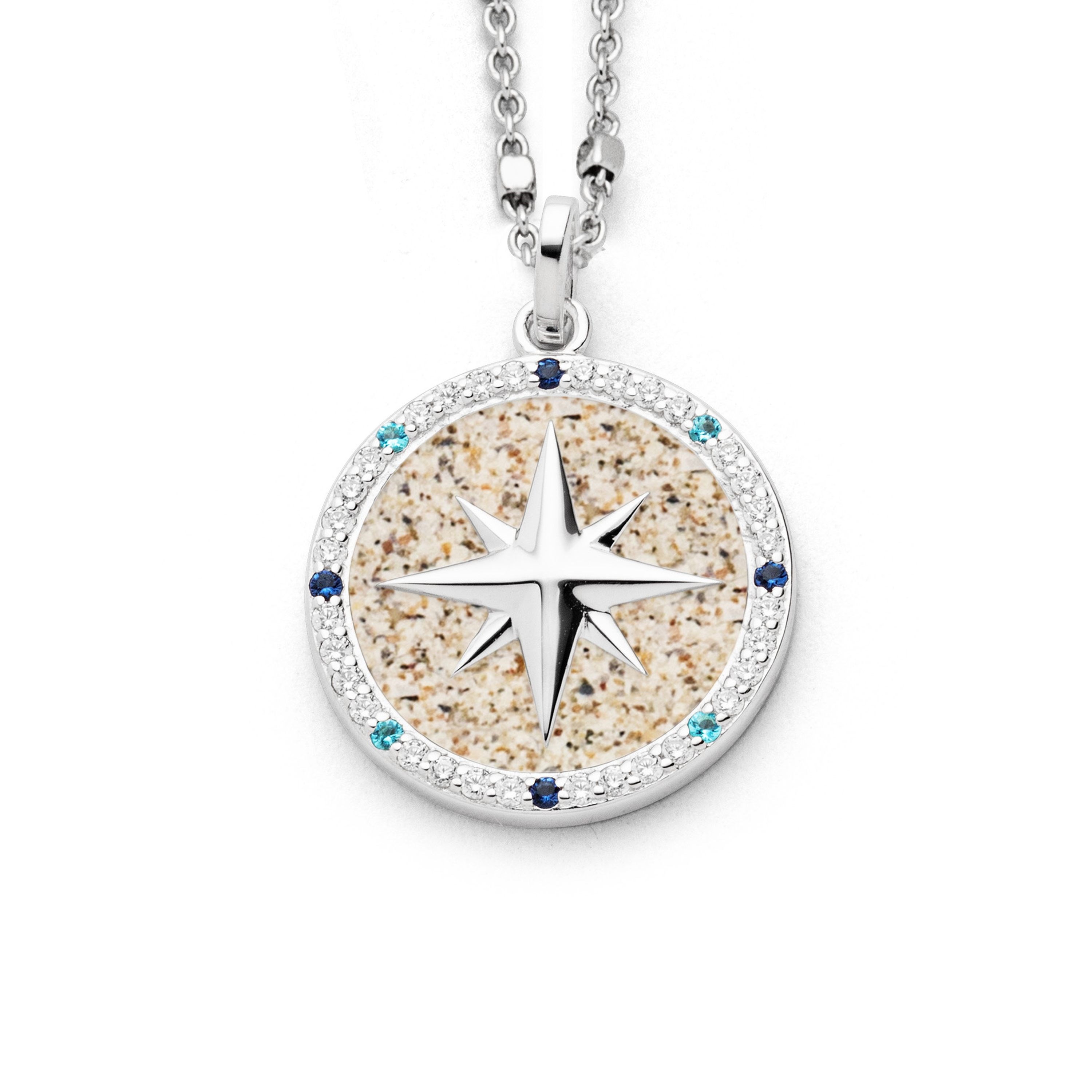 DUR Anhänger P4338 Kompassrose 2.0 – 925 Silber mit Strandsand & Zirkonia 20 mm