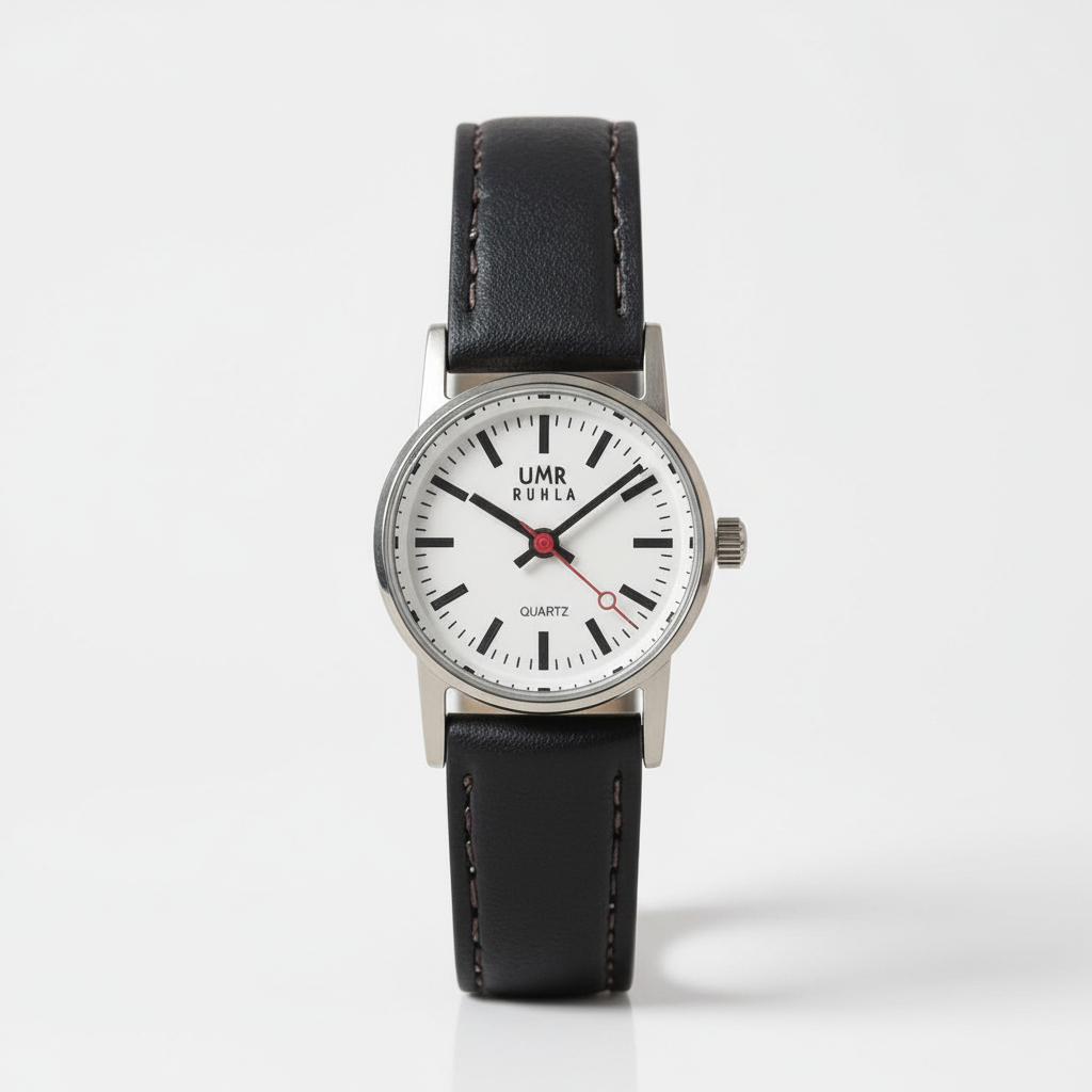 UMR Ruhla 12000 Damenuhr Bahnhofstil Weiss Lederband Schwarz 35 mm