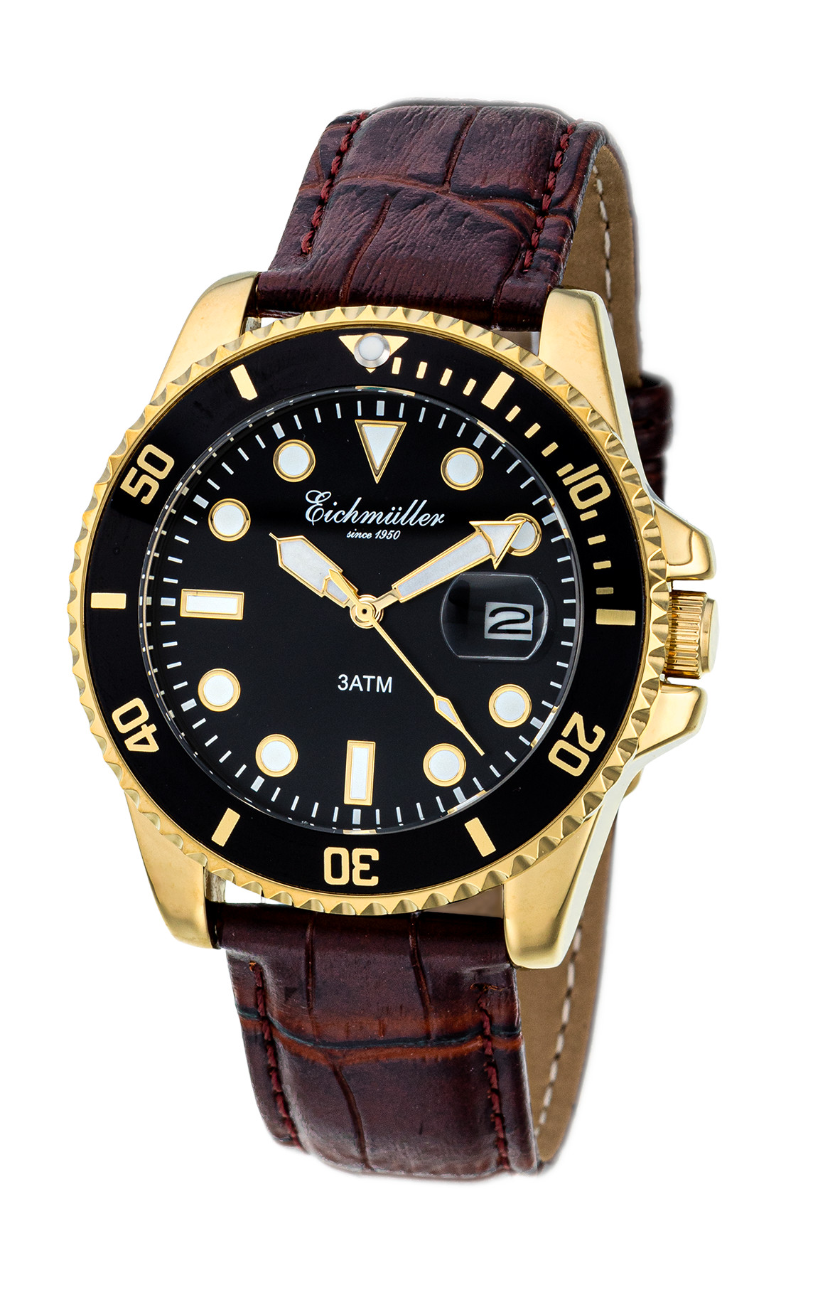 Eichmüller Herrenuhr RE3007 – Taucher-Look Goldfarben Schwarz 41 mm Lederarmband Braun