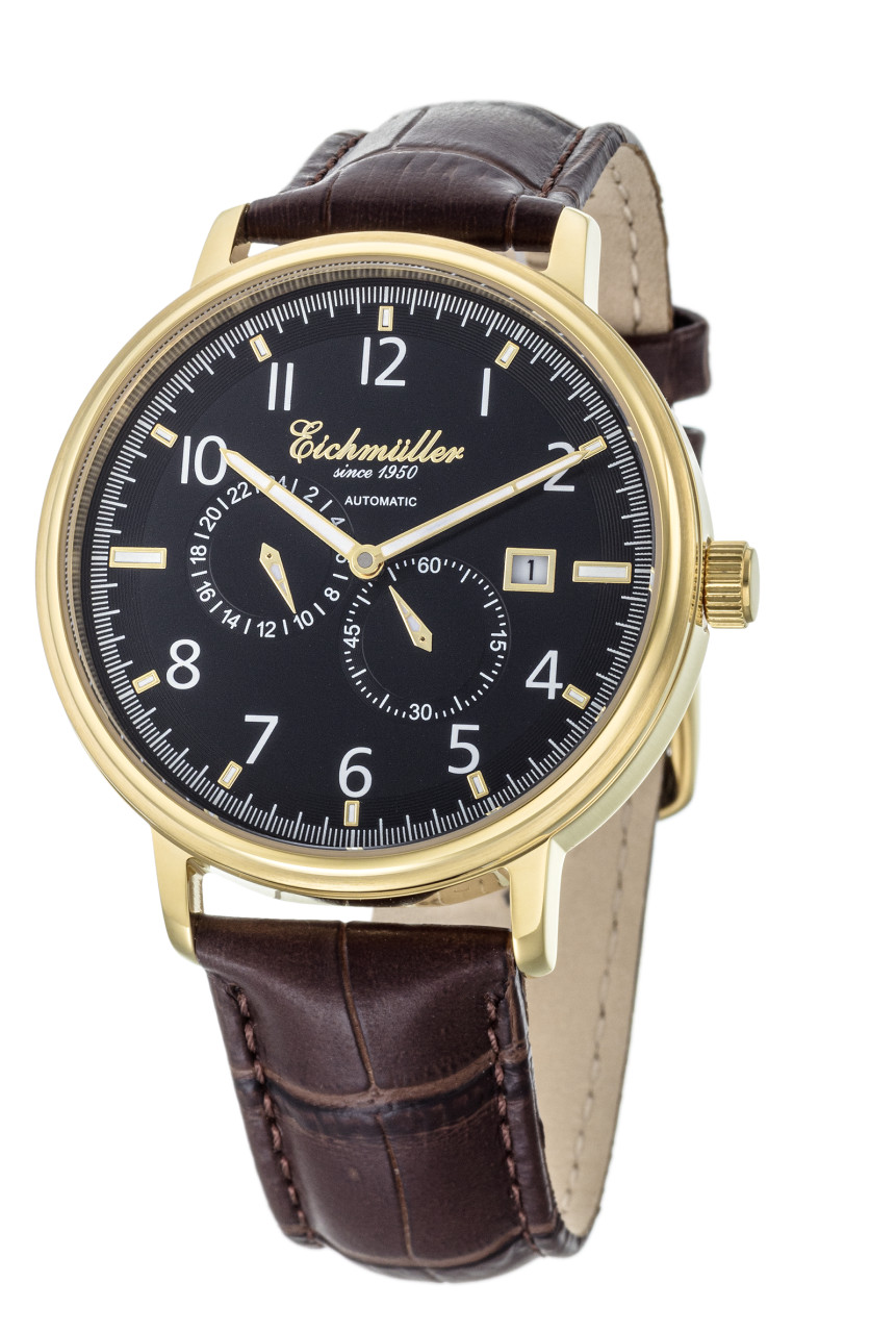 Eichmüller Automatikuhr RE7026 IP-Gold Schwarz Lederband Braun 42 mm