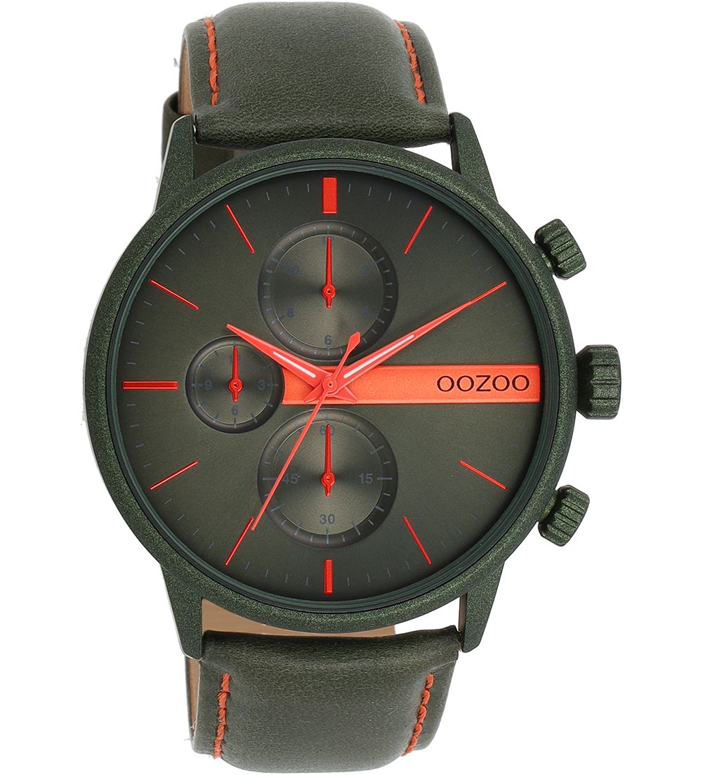 Oozoo Herrenuhr C11227 Grün-Orangerot Lederband 45 mm