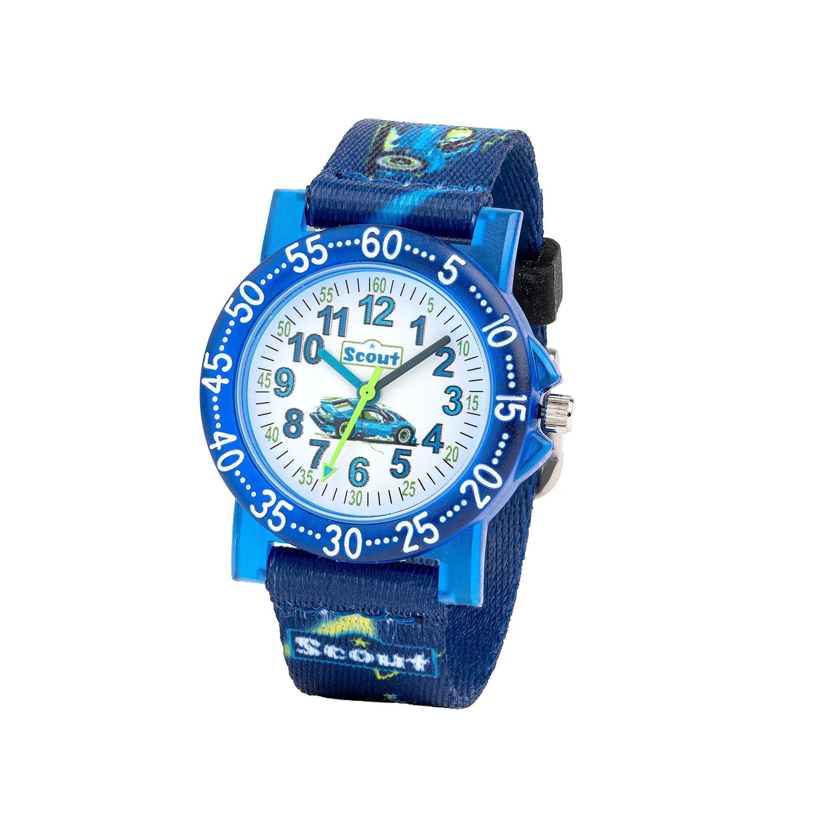 Scout Kinderuhr 164000033 Sportwagen-Motiv Textilband Blau 33 mm