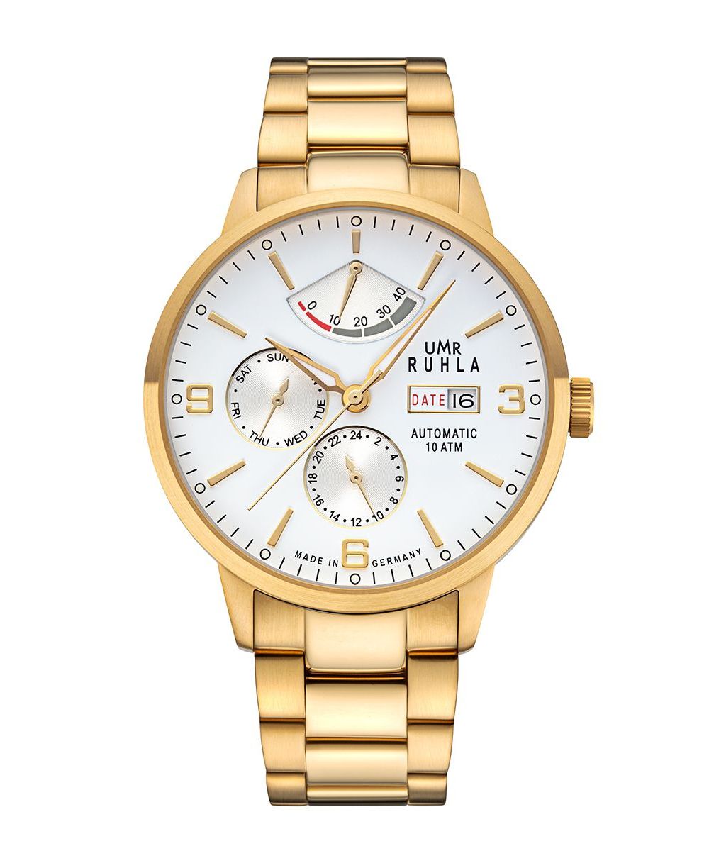 UMR Ruhla Automatikuhr 80274M IP-Gold/Weiss Edelstahlband Braun 42 mm