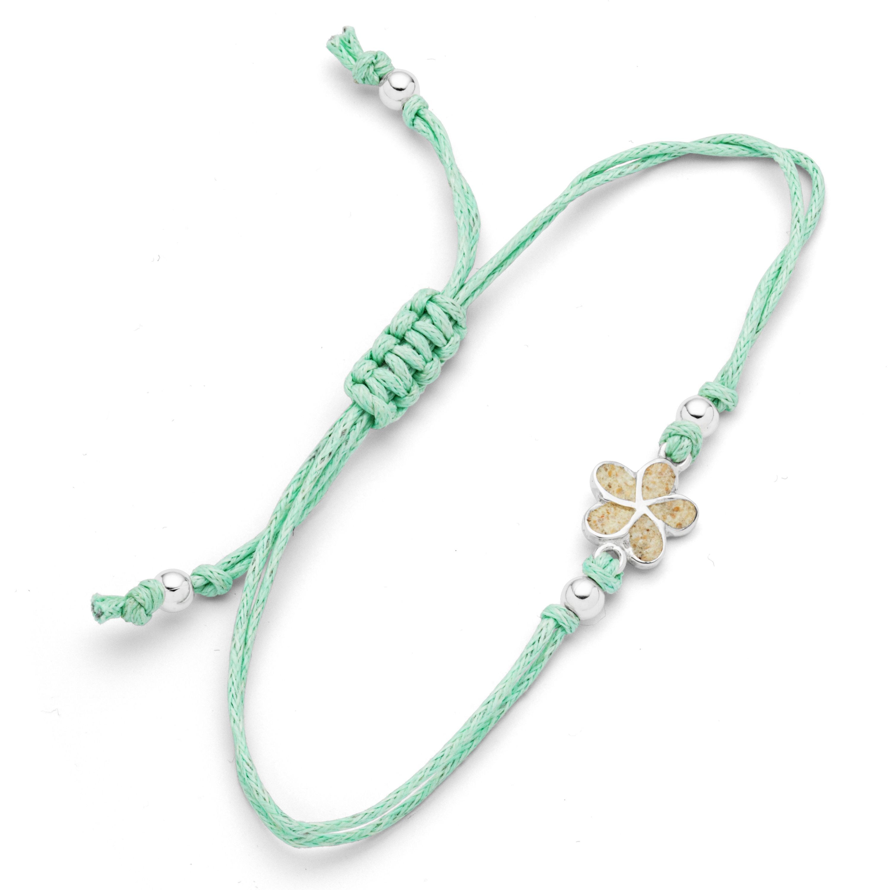 DUR Armband A1990 Plumeria Blüte – 925 Silber mit Strandsand, Baumwollband mint