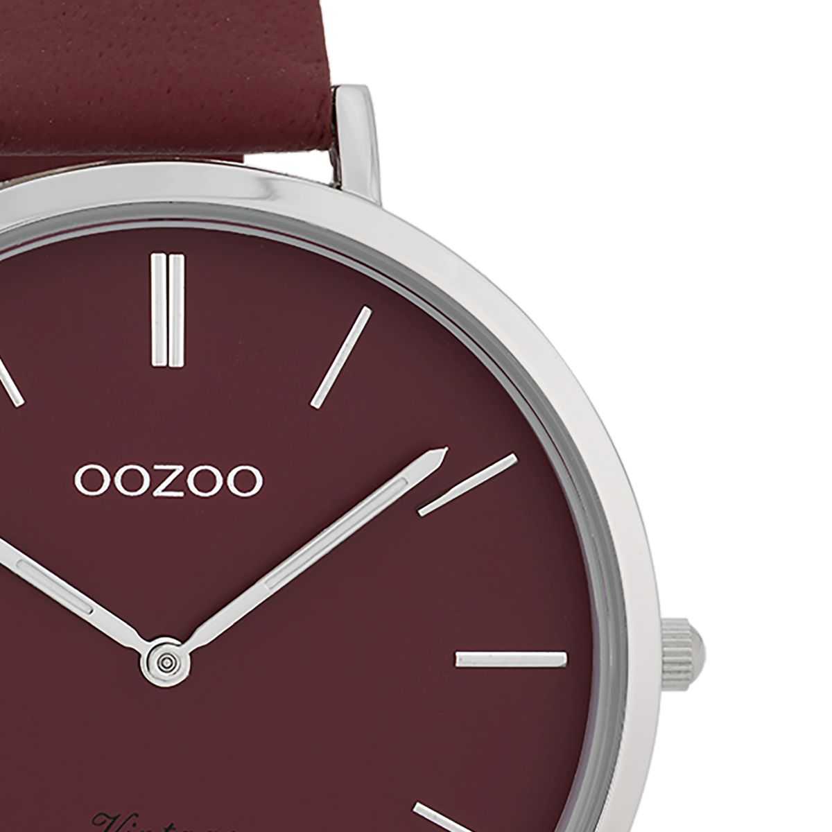 Oozoo Vintage Damenuhr C9807 silberfarben bordeaux Lederband 40 mm Detailansicht