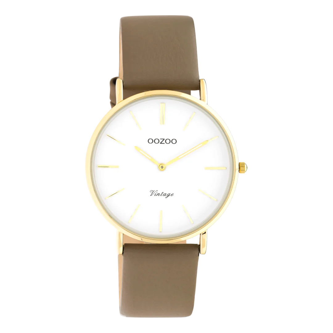 Oozoo Vintage Damenuhr C20223 IP-Gold/Weiss Lederband Braun 36 mm