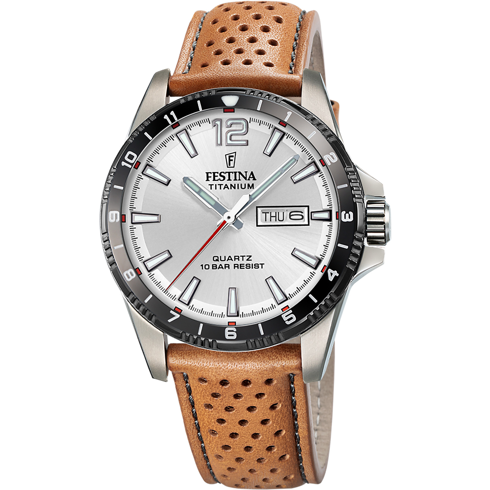 Festina Titanuhr Herrenuhr F20699-1 Silbern Lederband Braun 43 mm