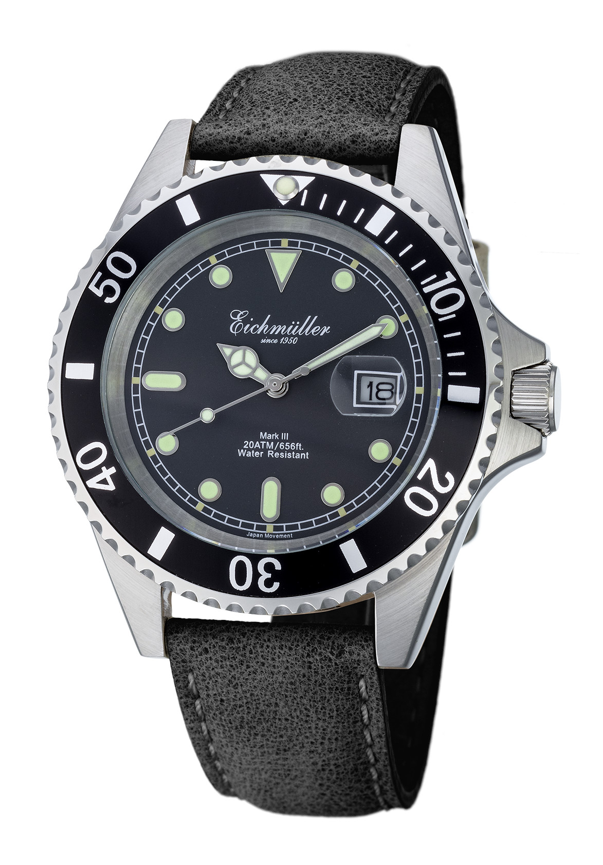 Eichmüller Taucheruhr 3462-02S Schwarz Lederband 20ATM 43 mm