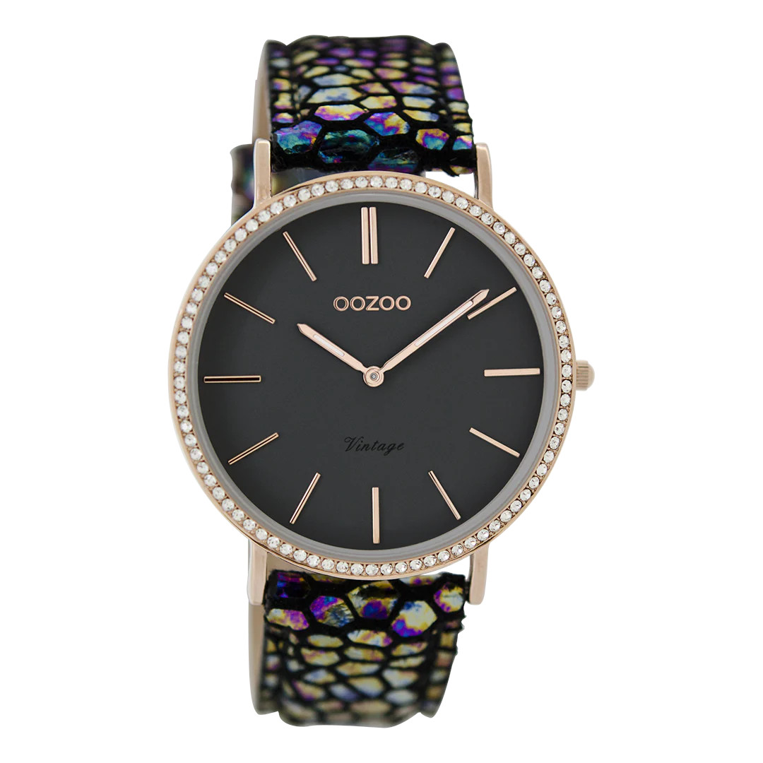 Oozoo Vintage Damenuhr C8887 IP-Rose Lederband Rainbow 40 mm