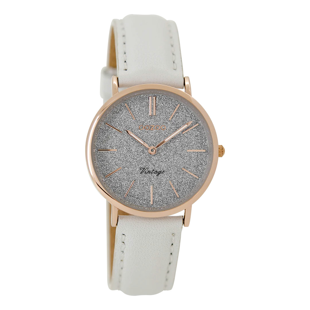 Oozoo Vintage Damenuhr C8830 IP-Rose Lederband Weiss 32 mm