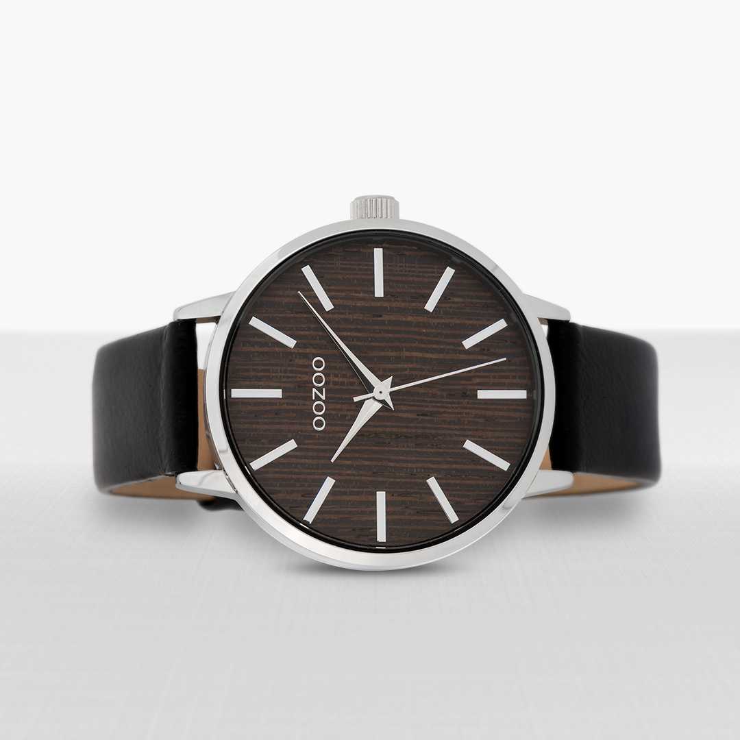 Oozoo Damenuhr C9254 Holzzifferblatt Walnuss silberfarben schwarz Lederband 42 mm liegend