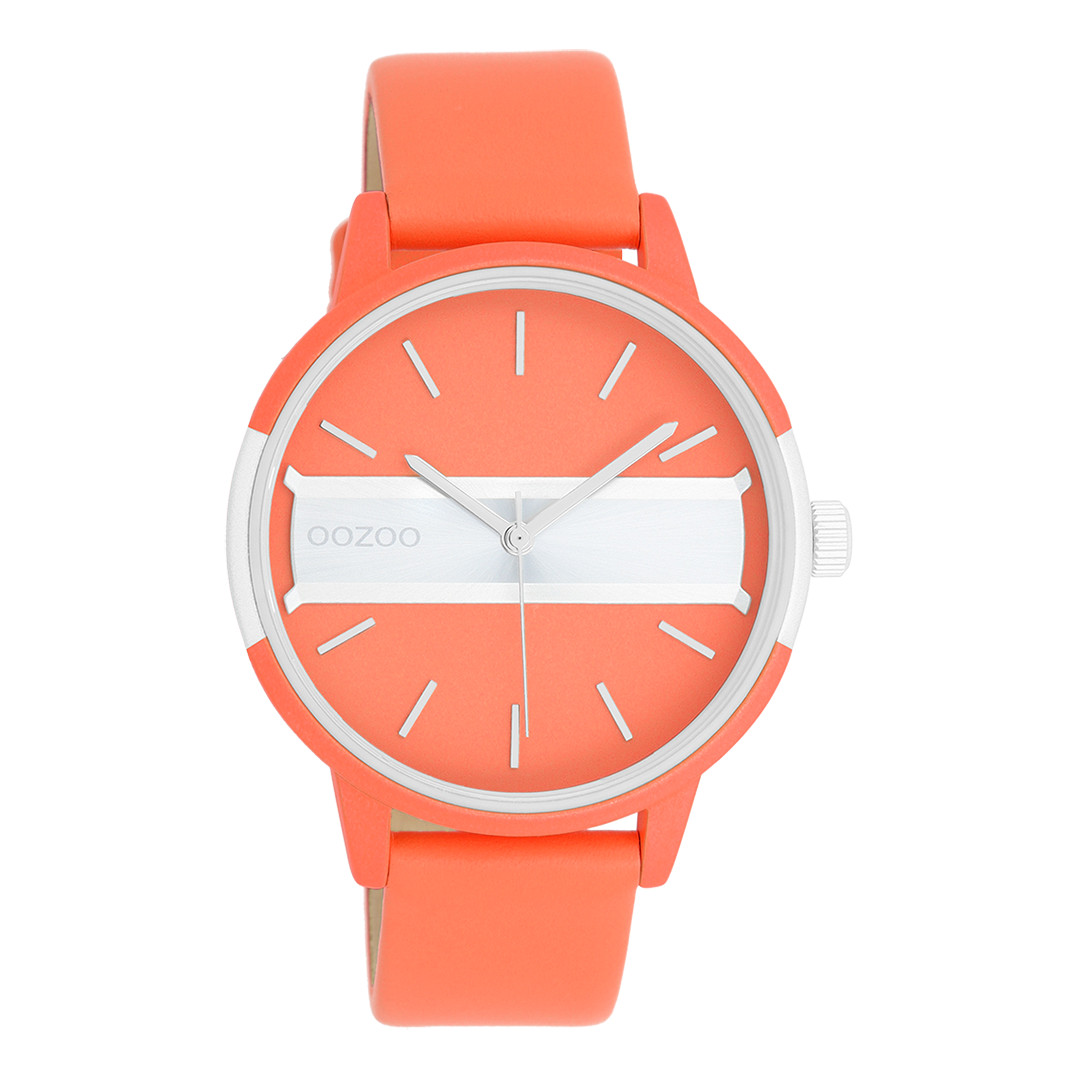 Oozoo Damenuhr C11190 Silberfarben Lederband Neon-Orange 42 mm