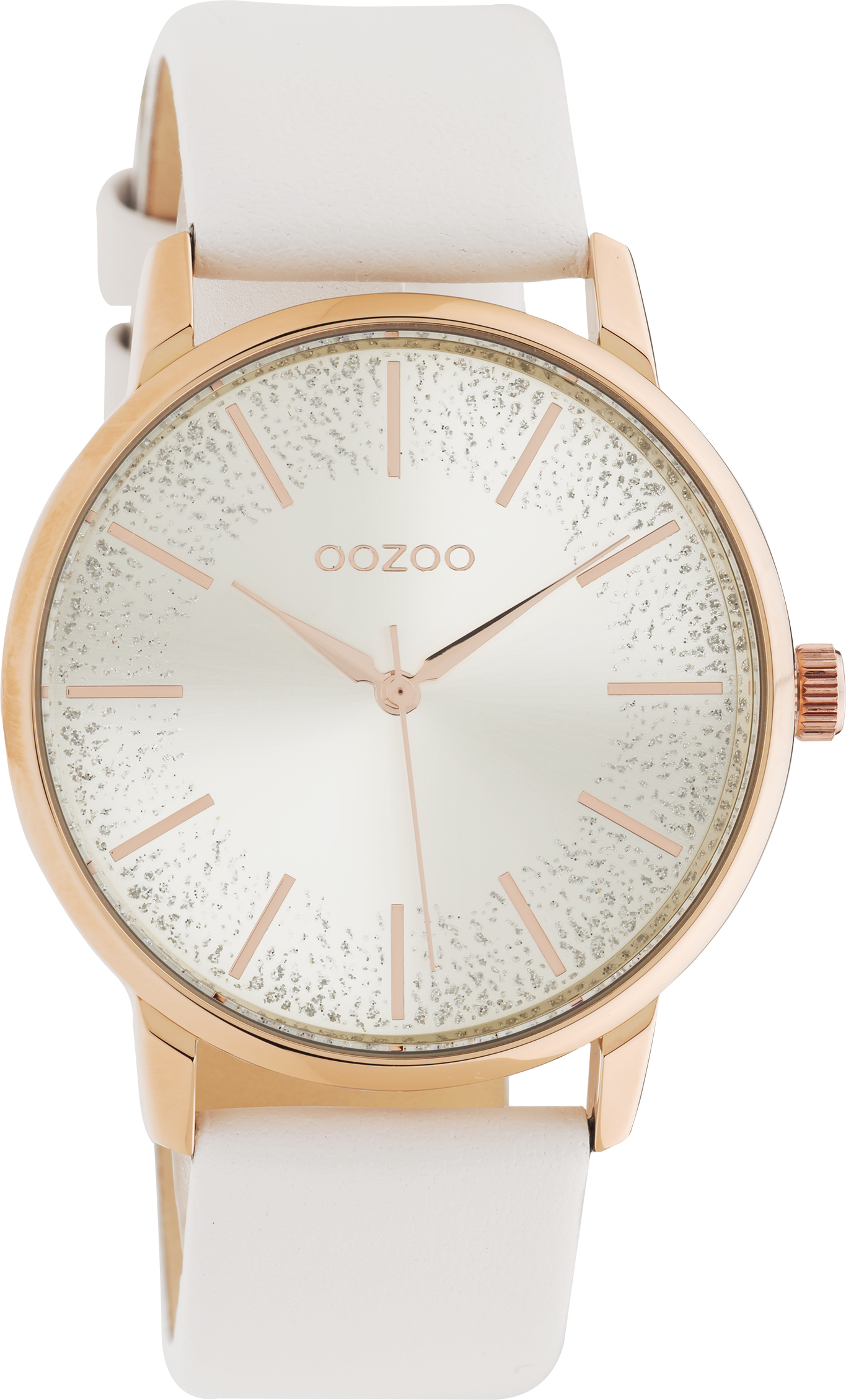 Oozoo Damenuhr C10715 Rosé Glitzer-Zifferblatt Lederband Weiss 40 mm