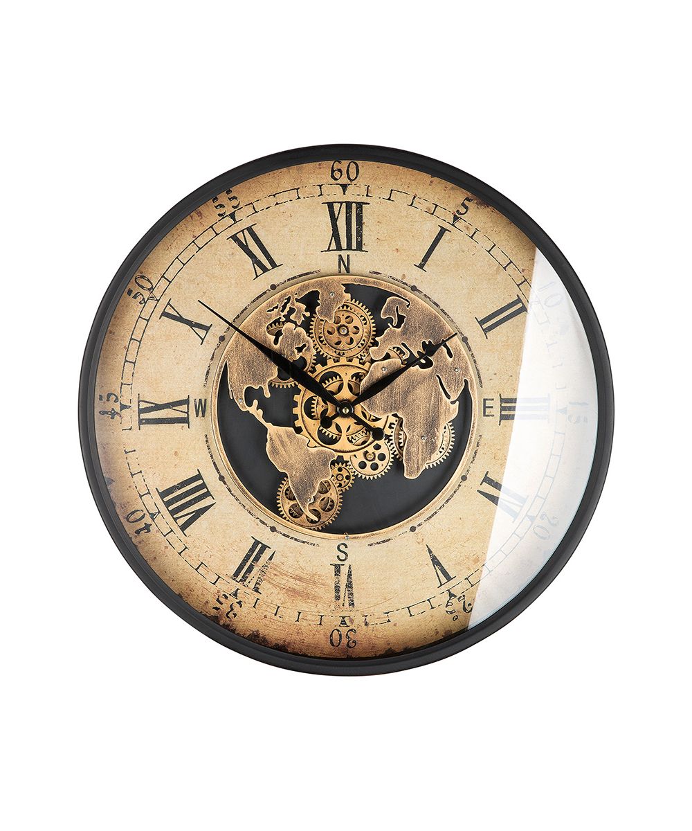 Gilde Wanduhr 46223 Rund Weltkartenmotiv Zahnräder Metall - 59,5 cm
