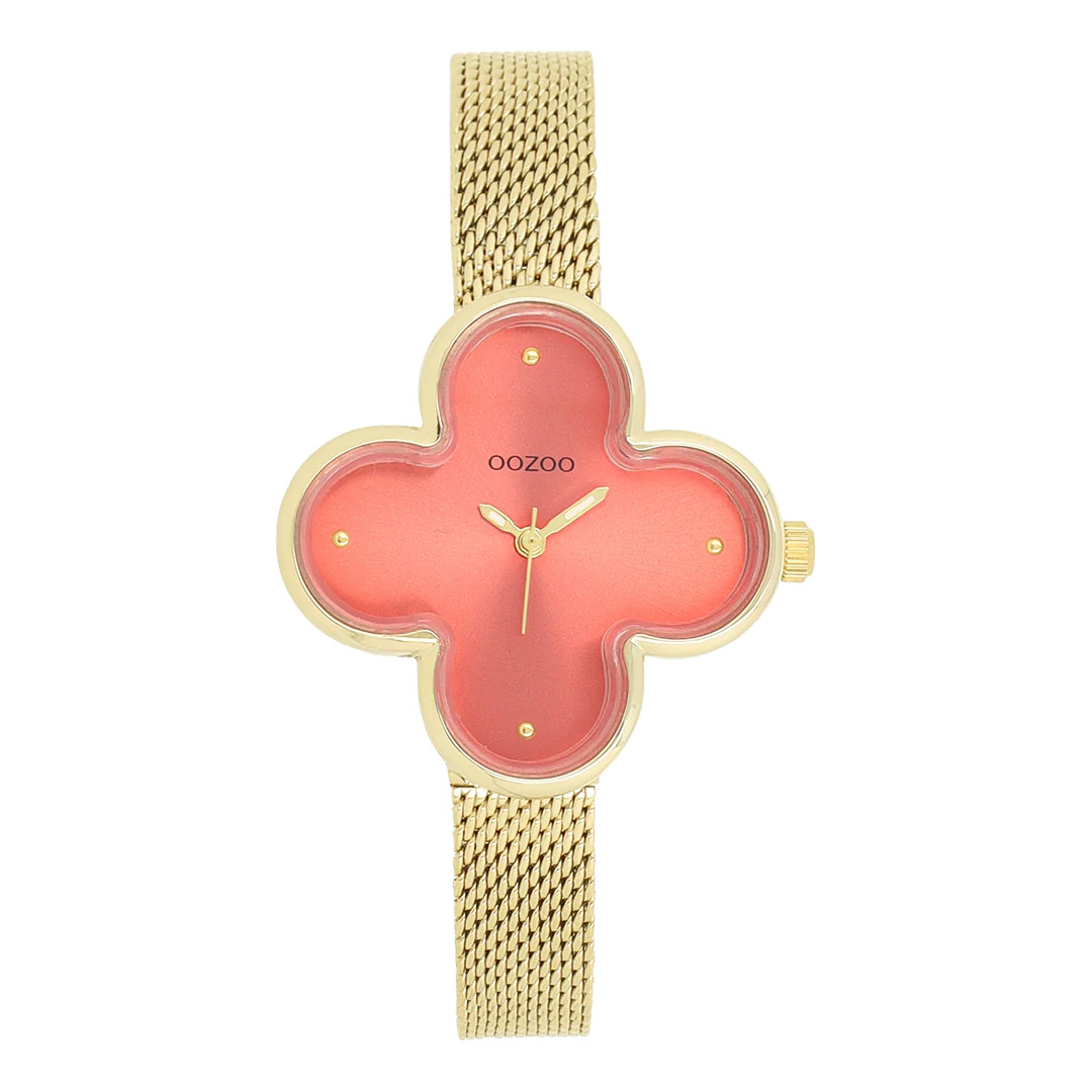 Oozoo Damenuhr C11529 Kleeblattform Orangerot/IP-Gold Milanaiseband 32 mm