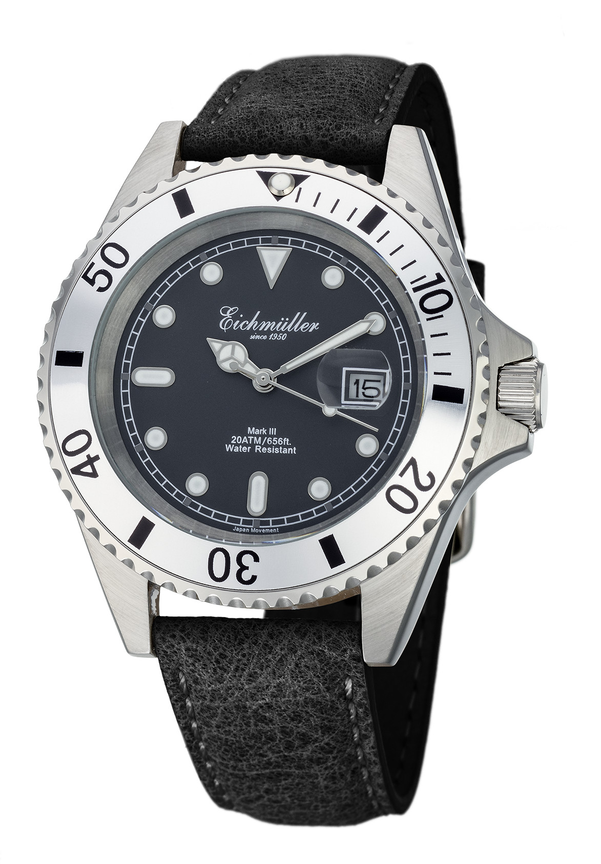 Eichmüller Taucheruhr 3462-06S Schwarz Lederband 20ATM 43 mm