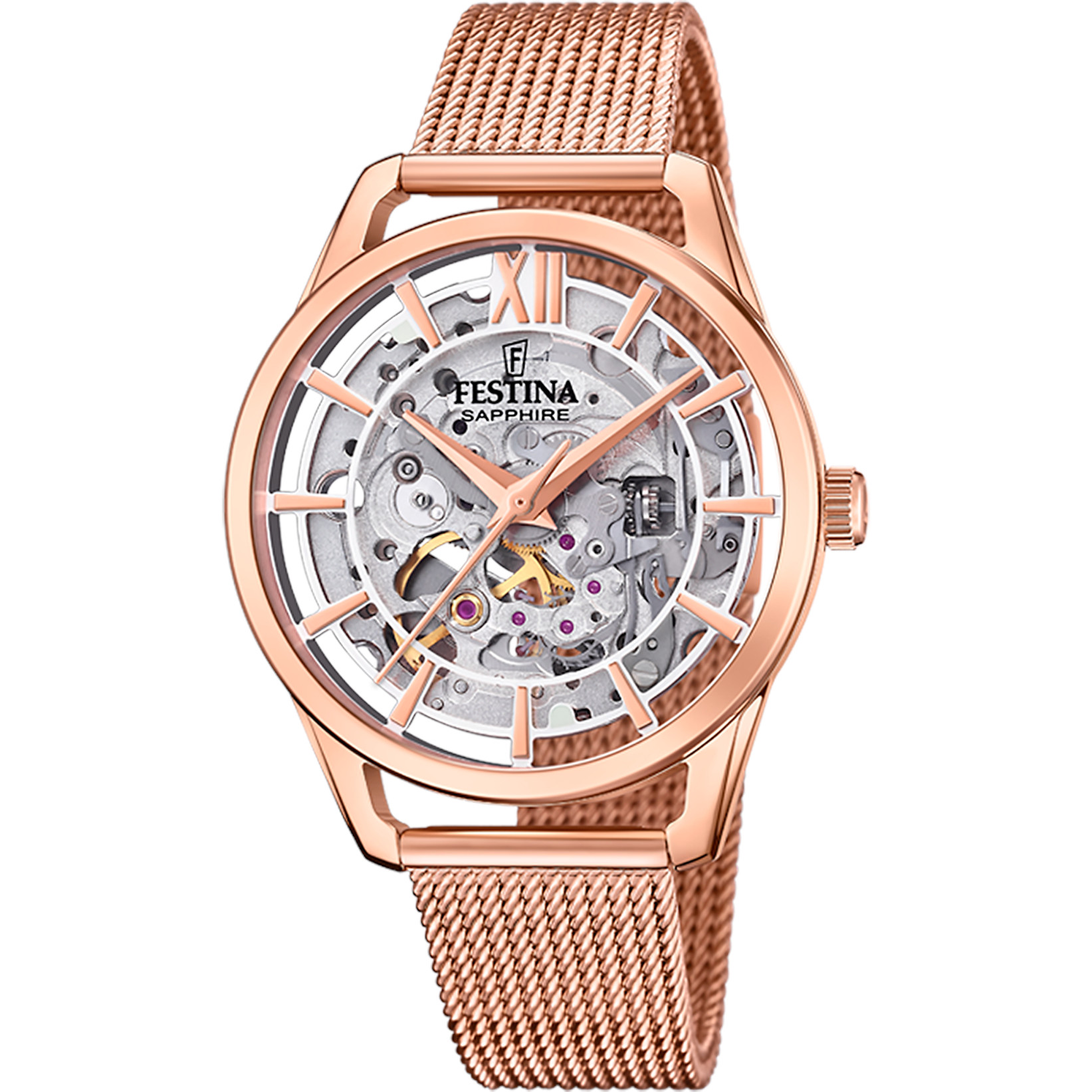 Festina Damen Automatikuhr F20628-2 Rose Milanaiseband 35,5 mm