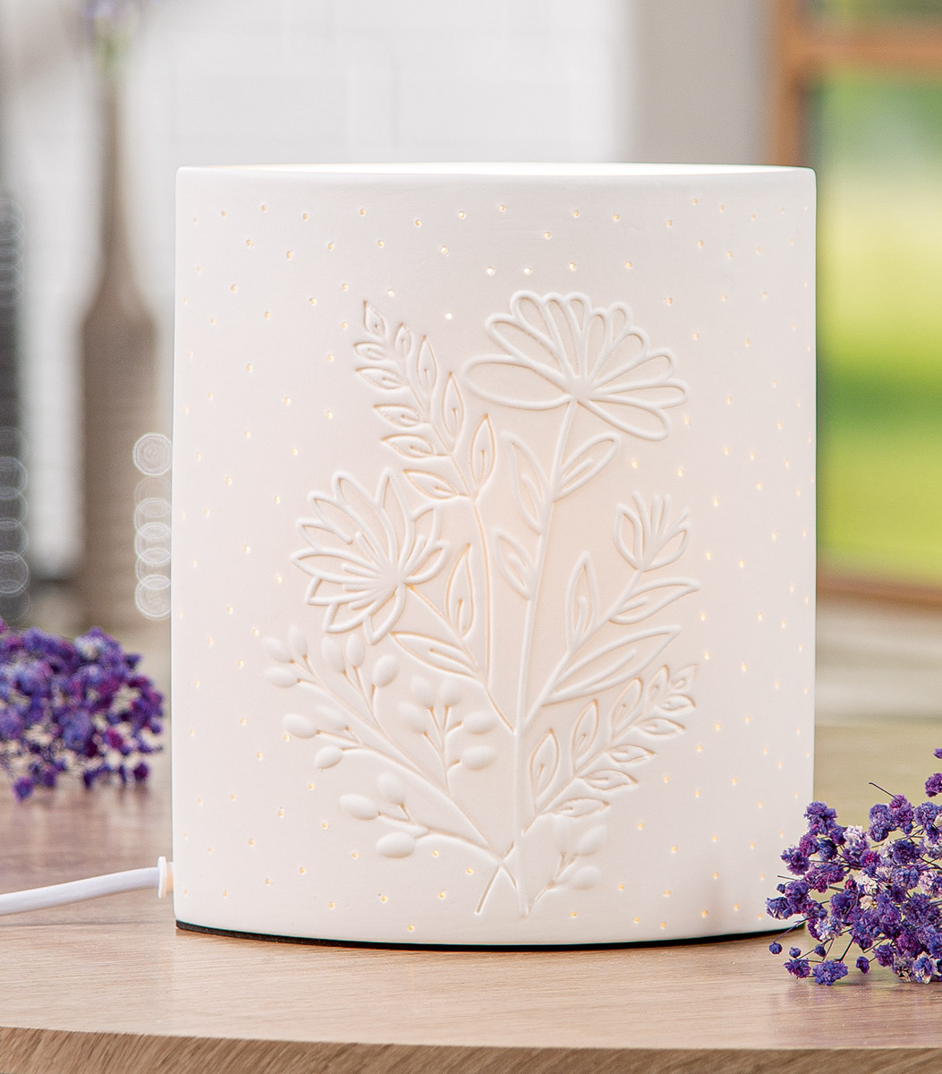 Gilde Tischleuchte Oval "Blumenstrauß" 60838 Porzellan Weiss 20 cm