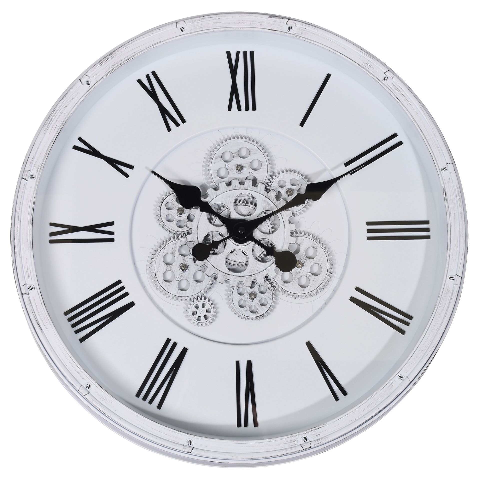 Hermann Jäckle Skelett Wanduhr 3099D – Industrial Vintage Weiß Schwarz mit beweglichem Räderwerk 50,5 cm