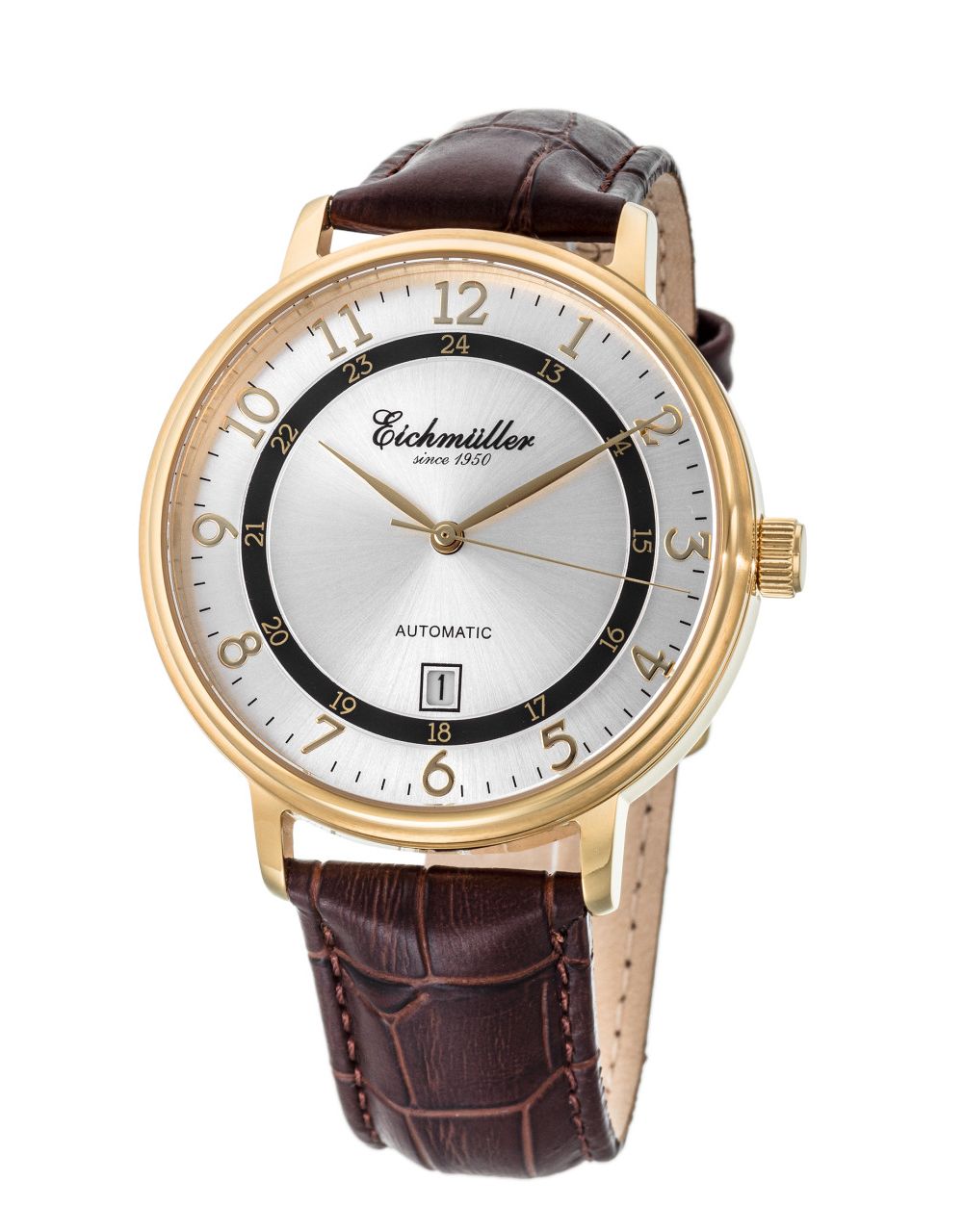 Eichmüller RE7015 Automatikuhr IP-Gold Silbern Lederband Braun 42 mm