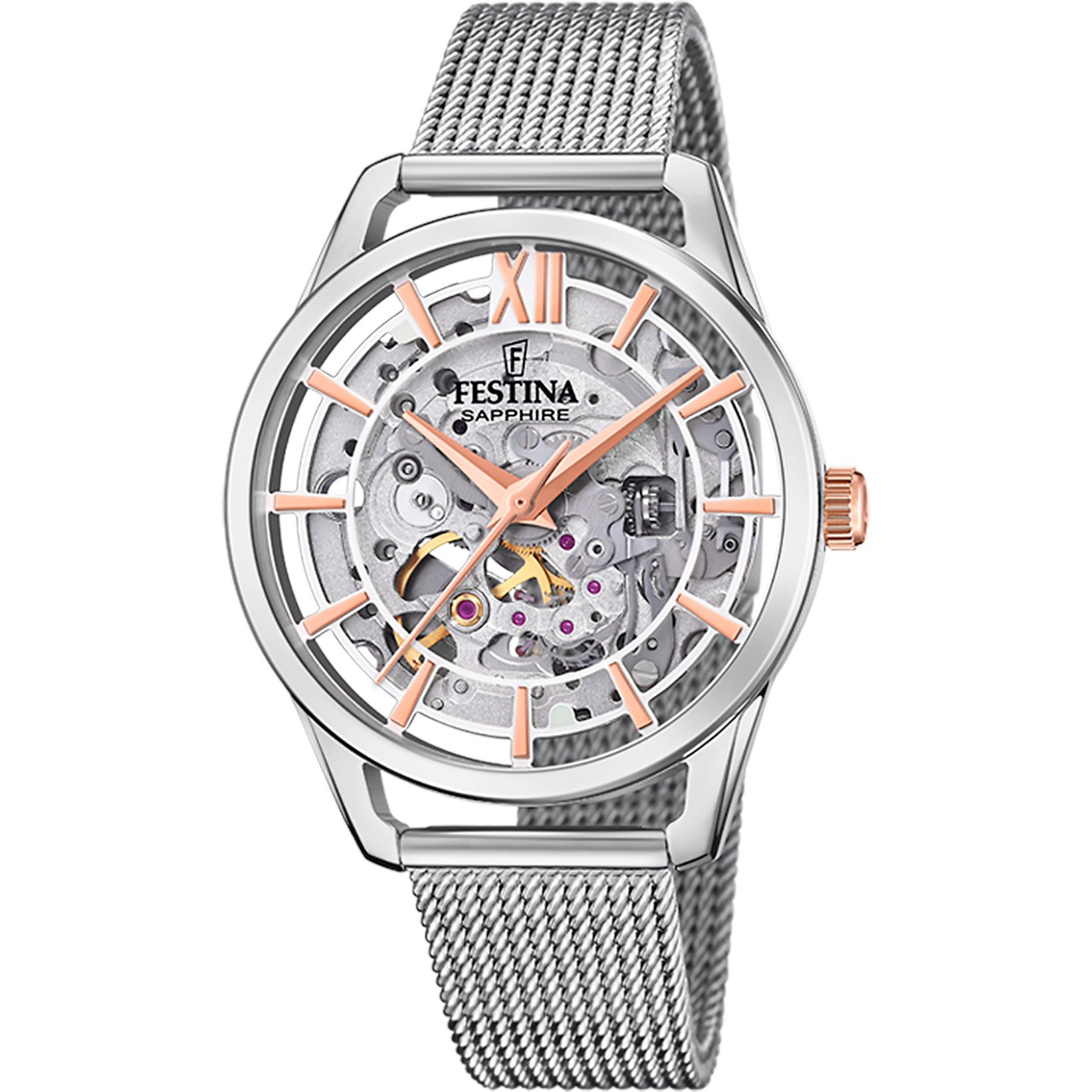 Festina Damen Automatikuhr F20627-1 Silbern/Rose Milanaiseband 35,5 mm