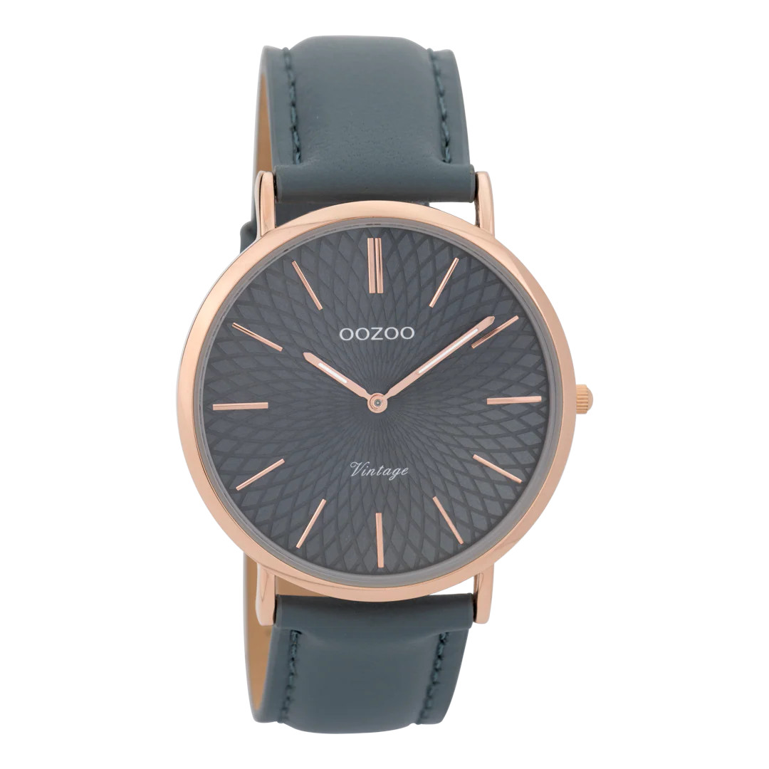 Oozoo Vintage Damenuhr C9338 IP-Rose Lederband Blau 40 mm