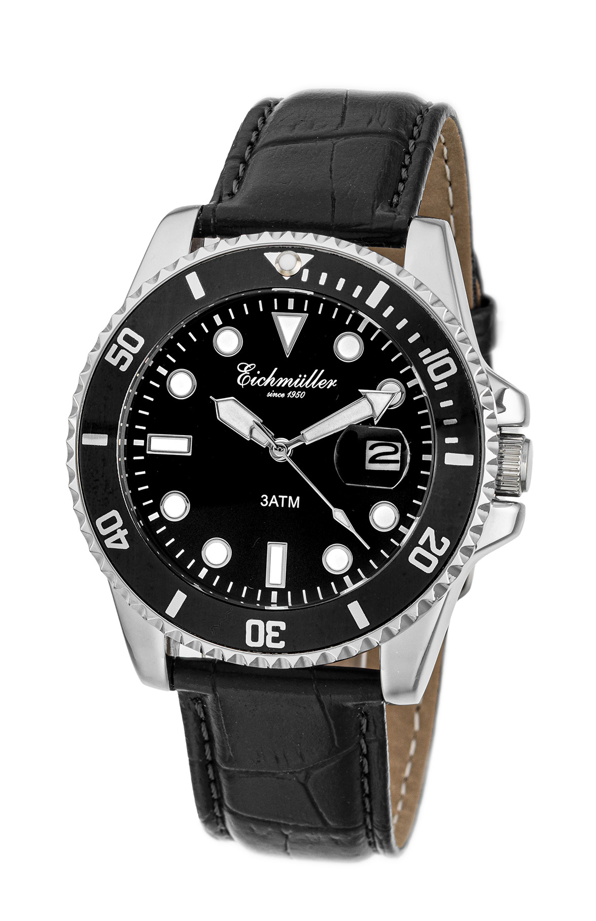 Eichmüller Herrenuhr RE3005 – Taucher-Look Schwarz 41 mm Lederarmband