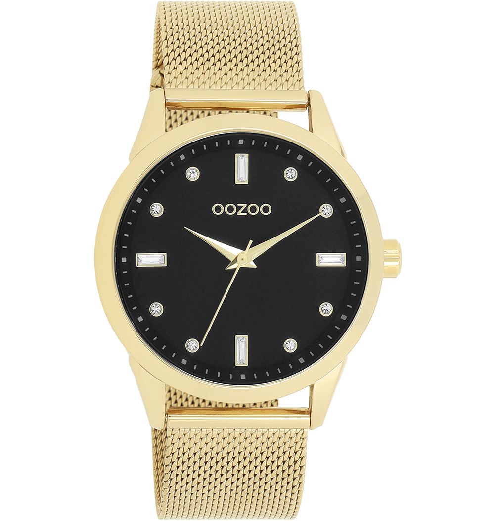 Oozoo Damenuhr C11283 Schwarz Zirkonia Meshband Goldfarben 40 mm