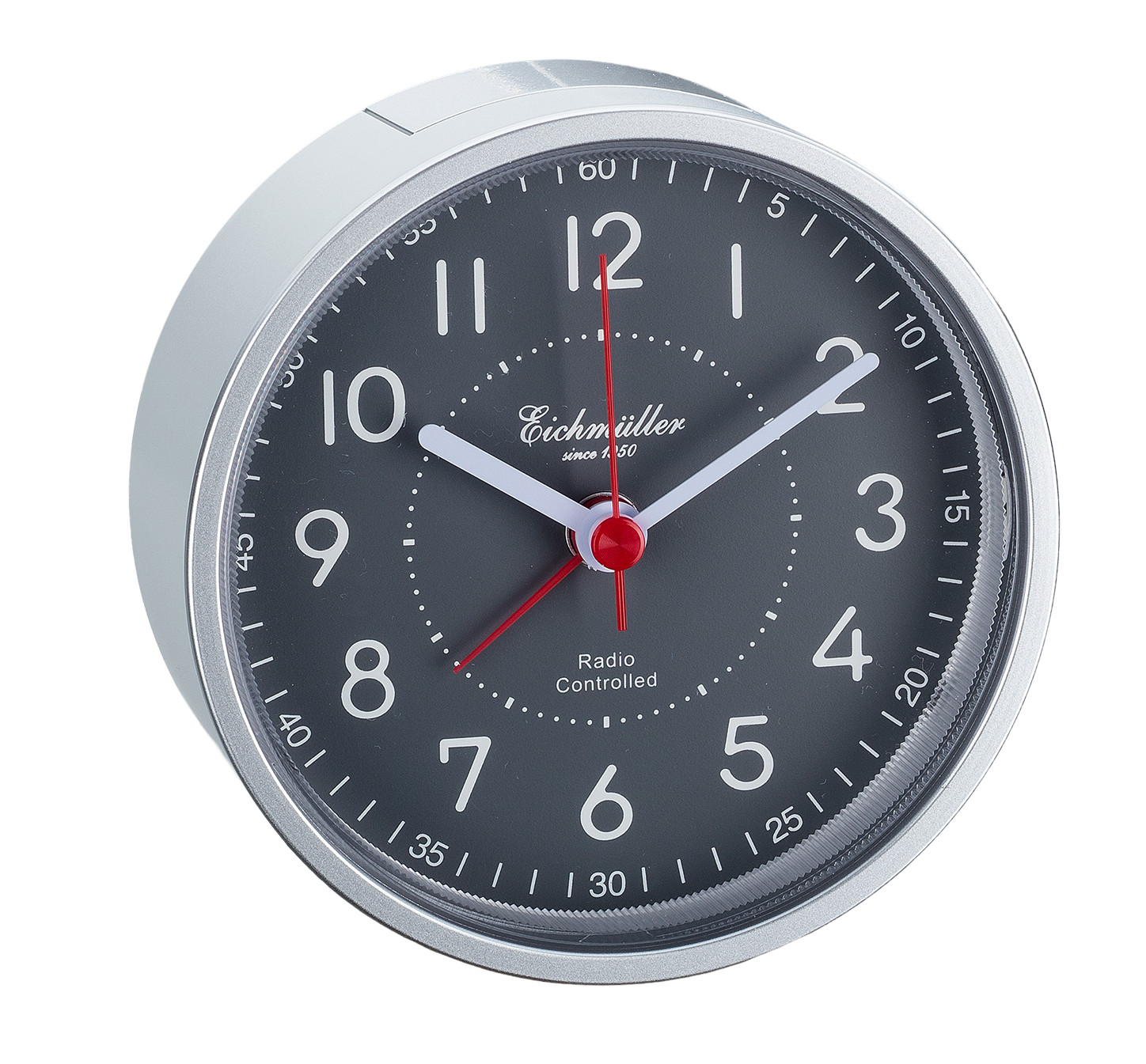 Eichmüller Funkwecker 9841-03 – Analog Silberfarben mit weißem Zifferblatt, Snooze & Licht