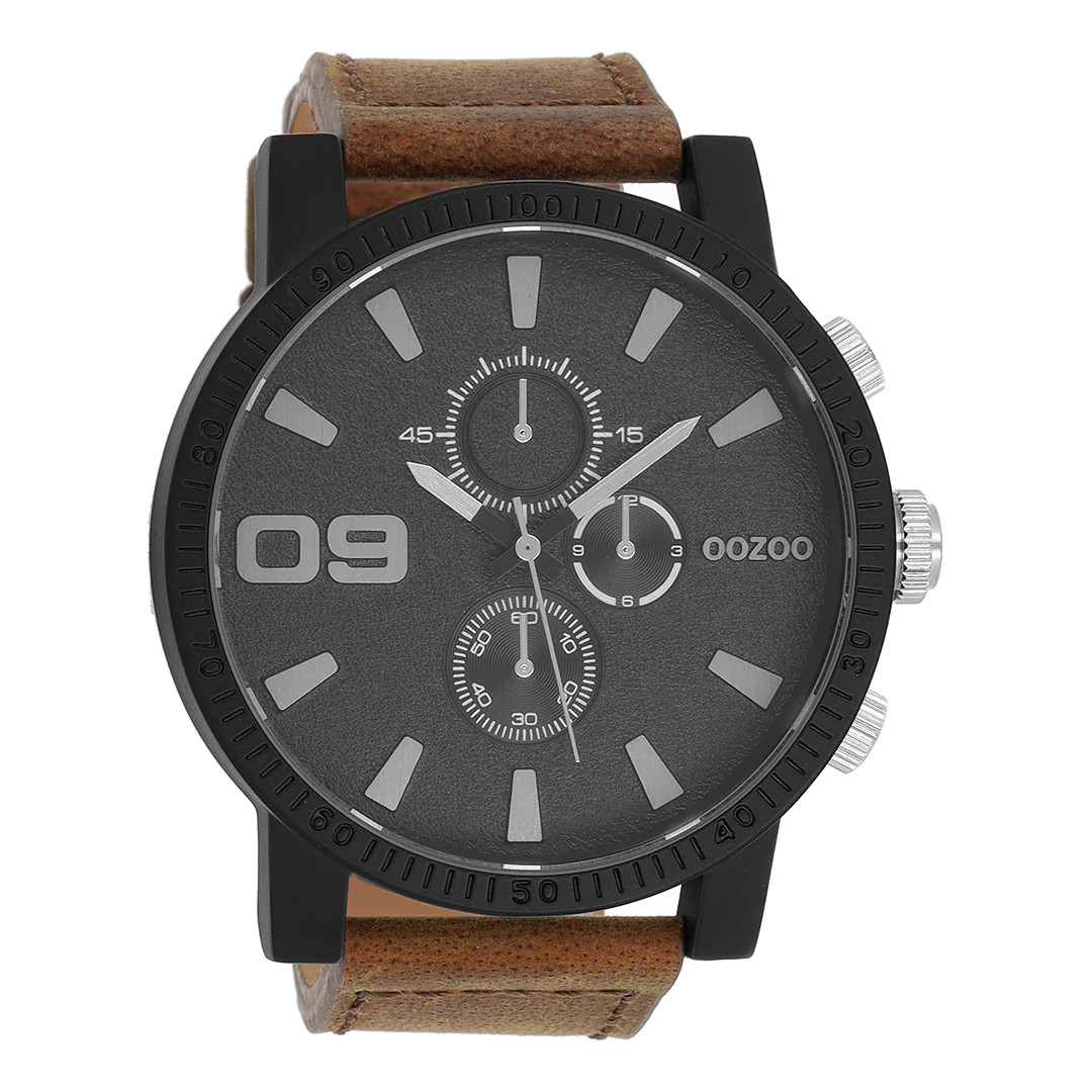 Oozoo XXL Herrenuhr C9033 Schwarz Lederband Braun 50 mm