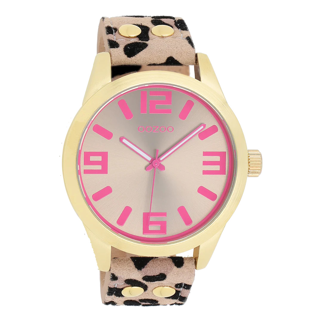 Oozoo Damenuhr C1099 IP-Gold/Taupe/Pink Animalprint Lederband 46 mm Oozoo Damenuhr C1099 IP-Gold/Taupe/Pink Animalprint Lederband 46 mm
