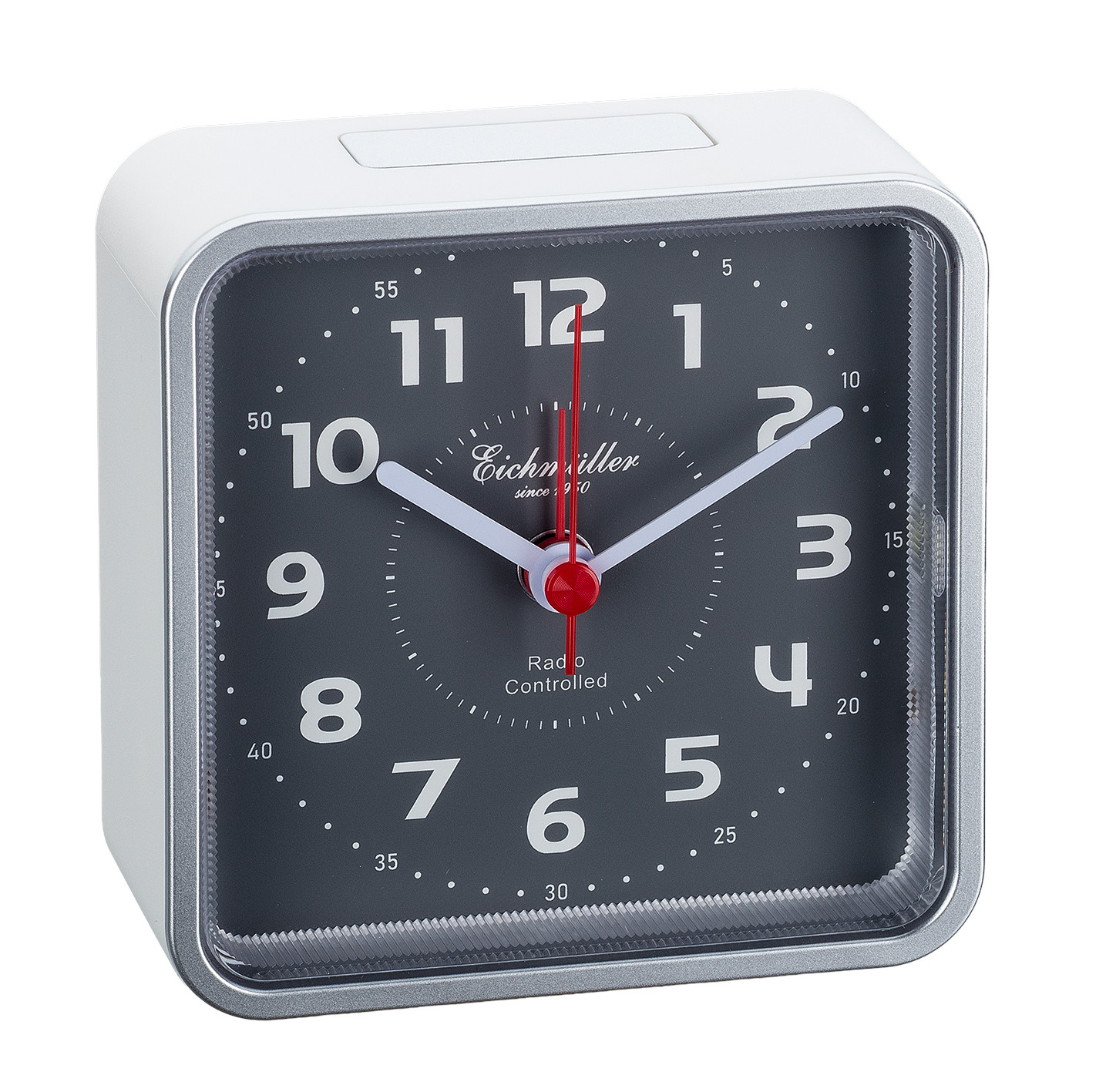 Eichmüller Funkwecker 9842-03 – Analog Silberfarben, quadratisch, Snooze & Licht