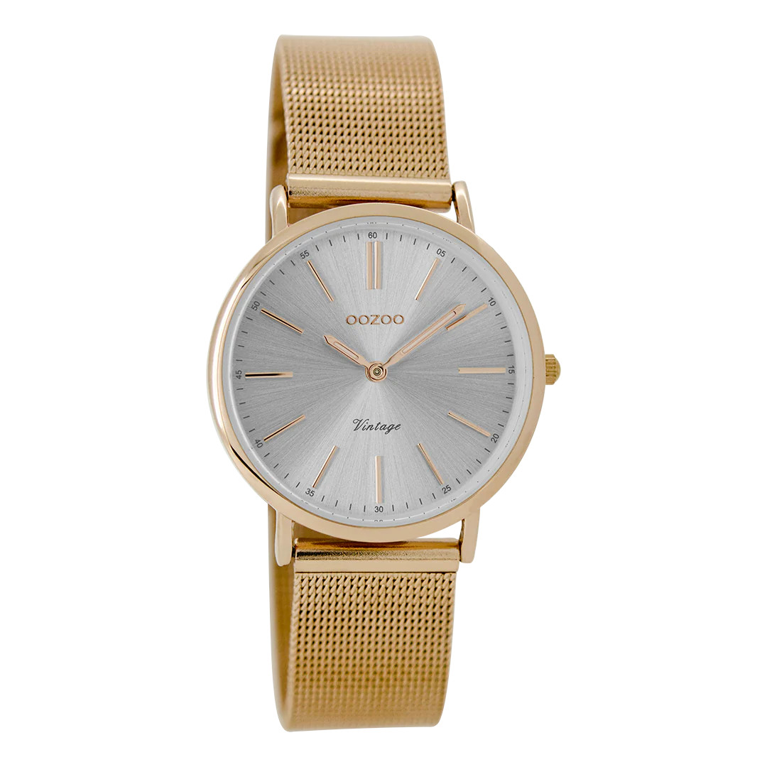 Oozoo Vintage Damenuhr C8828 Silberfarben Milanaiseband IP-Rose 32 mm