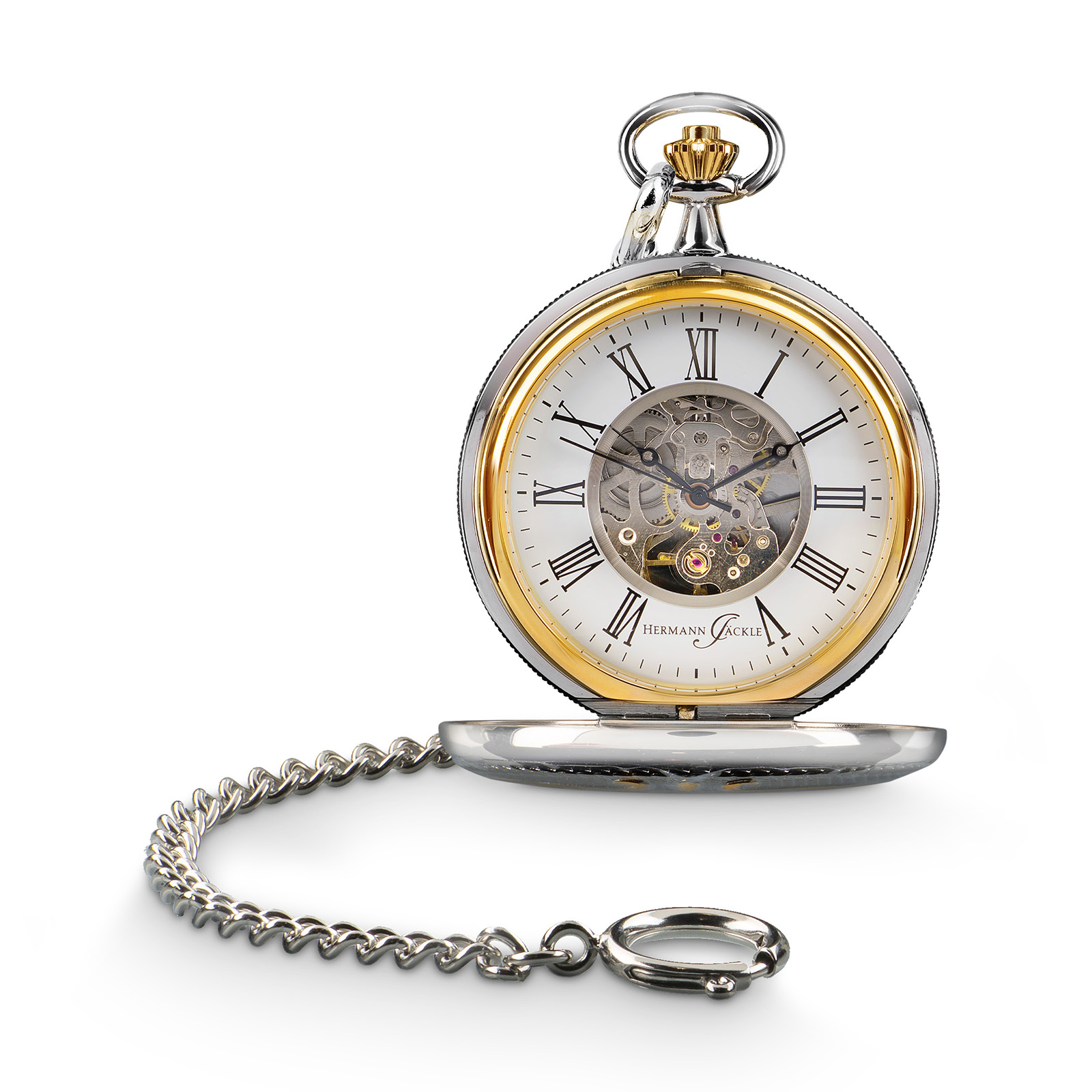 Hermann Jäckle Augsburg Skelett-Taschenuhr Handaufzug Mineralglas Kette & Reiseetui 50 mm