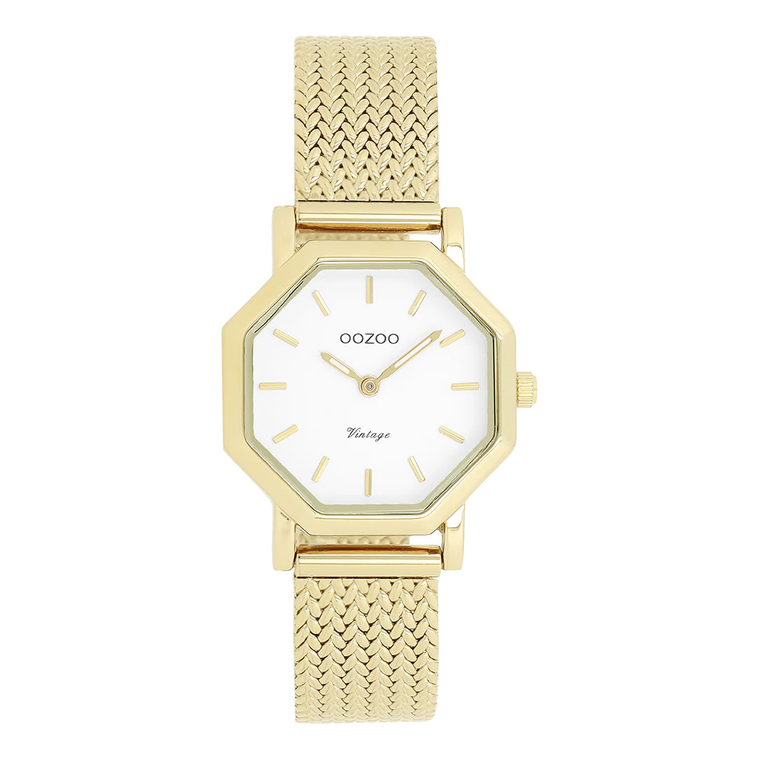 Oozoo Vintage Damenuhr C20436 Weiss Milanaiseband IP-Gold 28 mm
