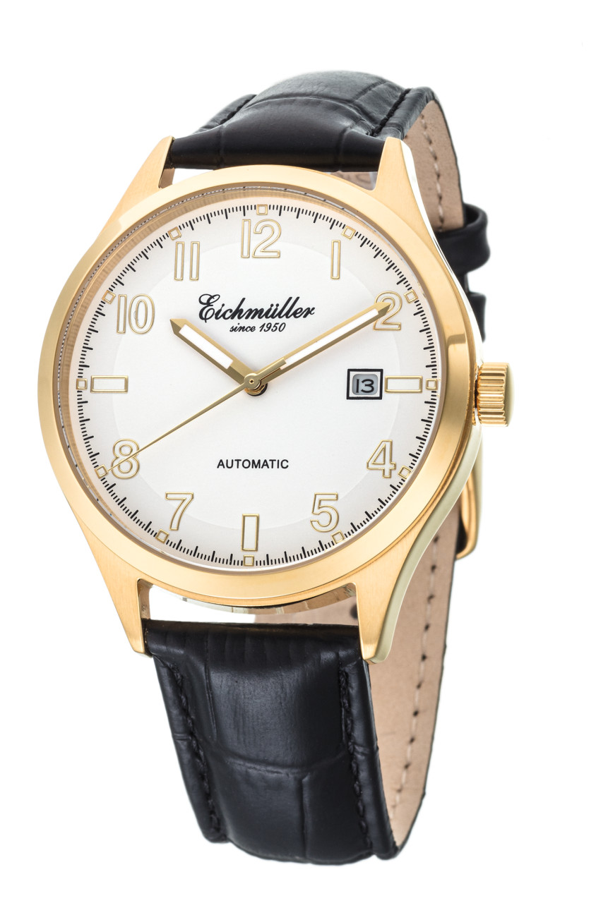 Eichmüller Automatikuhr RE7040 IP-Gold/Weiss Lederband Schwarz 41 mm