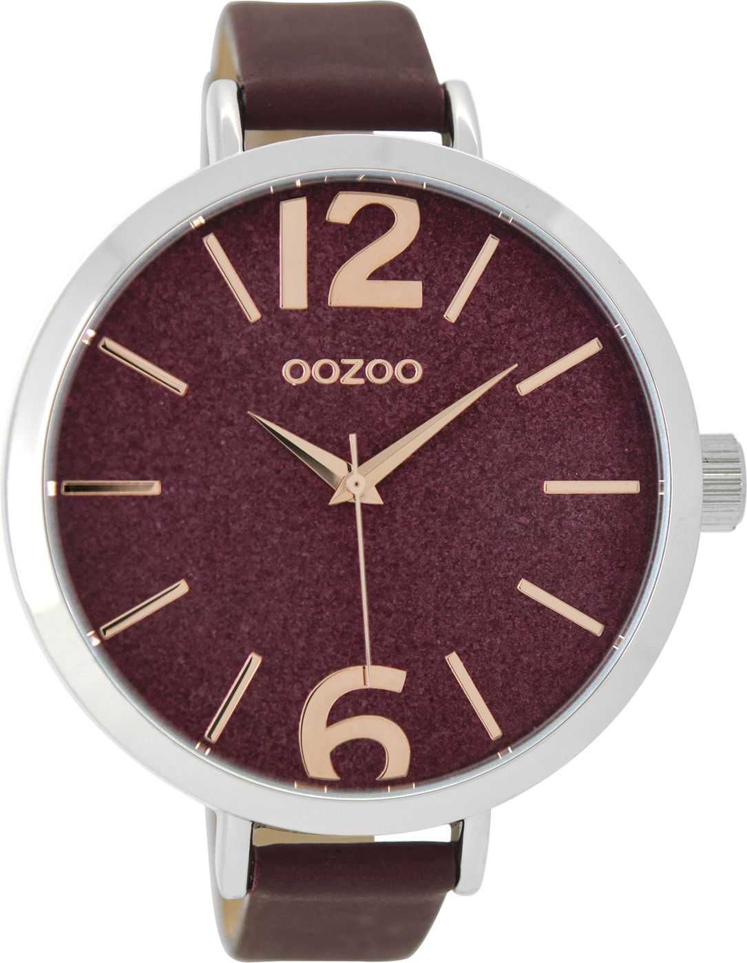 Oozoo XXL Damenuhr C9193 - silberfarben-bordeaux - Lederband - 48 mm