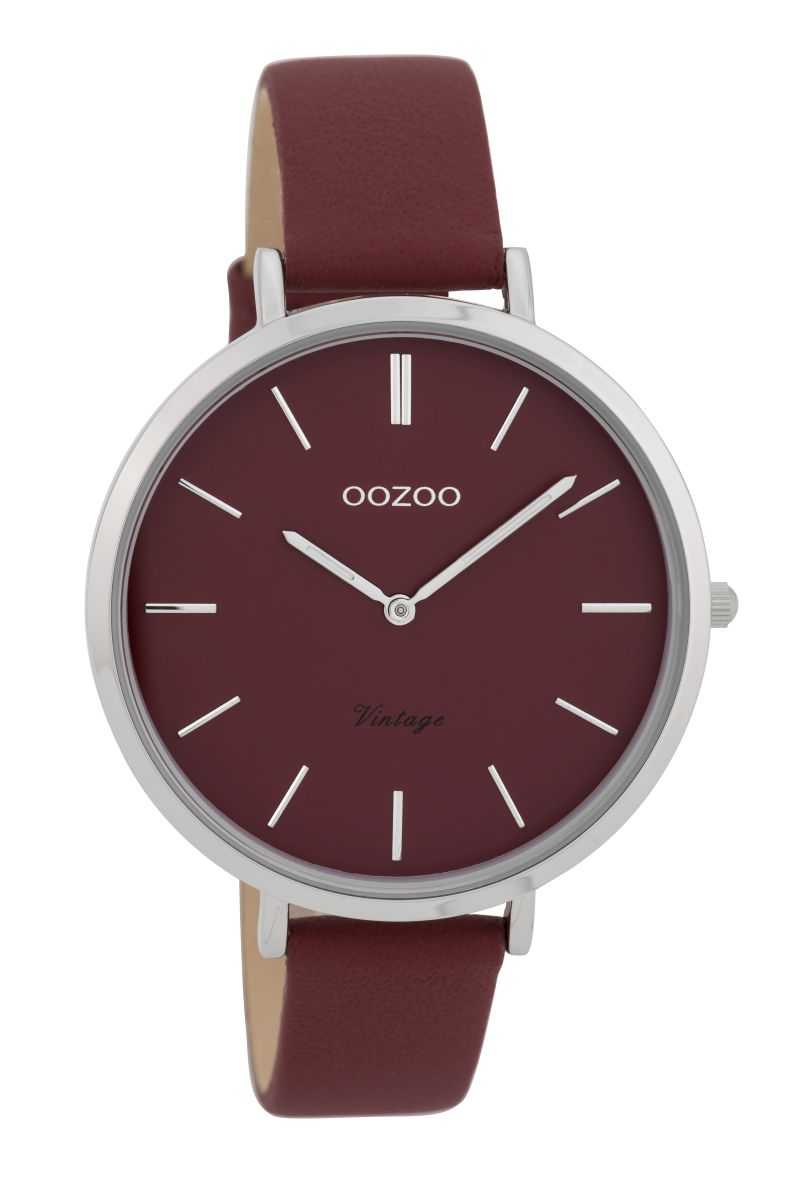 Oozoo Vintage Damenuhr C9807 silberfarben bordeaux Lederband 40 mm