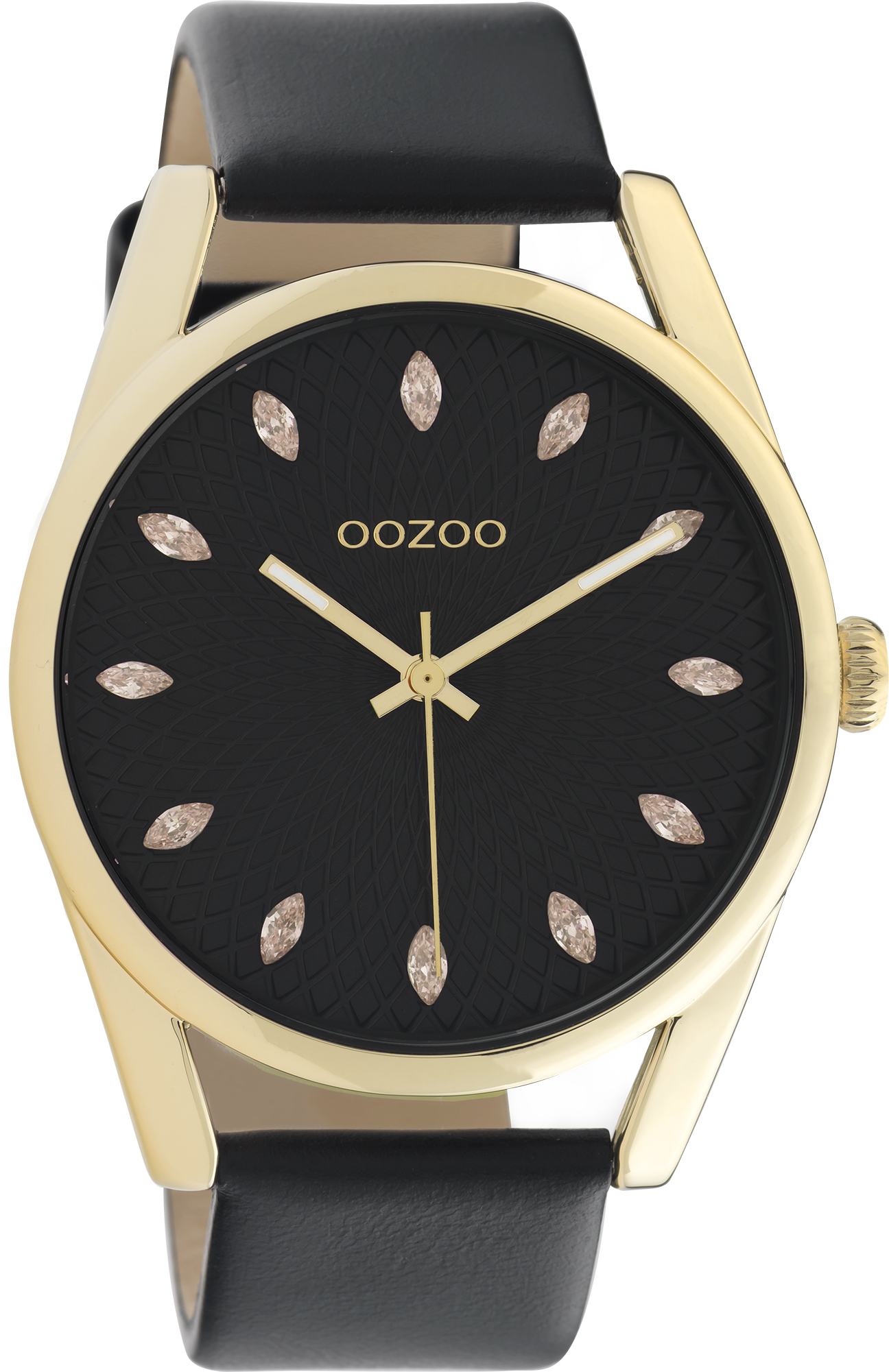 Oozoo Damenuhr C10842 Vergoldet Zirkonia Lederband Schwarz 42 mm