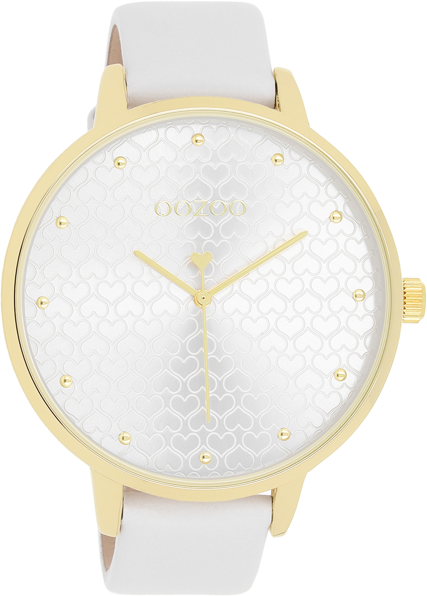 Oozoo XXL Damenuhr C11158 Goldfarben Lederband Weiß 48 mm