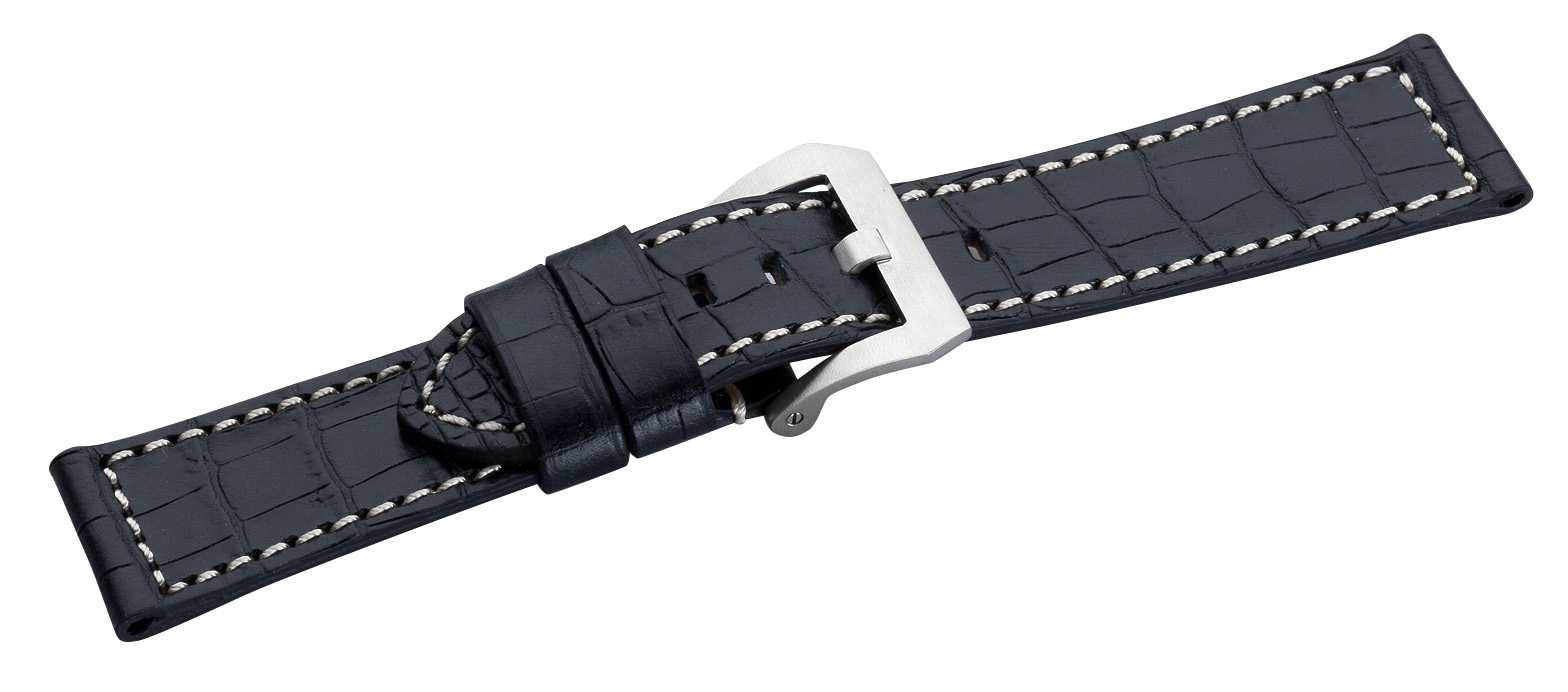 Eichmüller Lederband Uhrenarmband 22, 24 oder 26 mm schwarz Alligator-Narbung Dornschliesse Seitenansicht