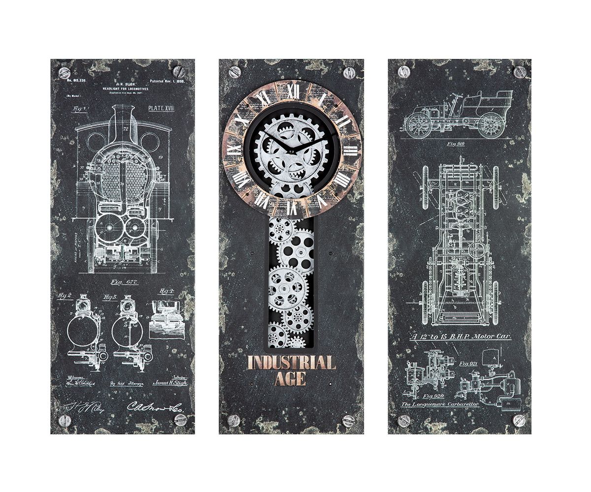 Gilde Wanduhr 50289 "Steampunk" 3-tlg. Zahnrädermotiv Metall - 69x60 cm